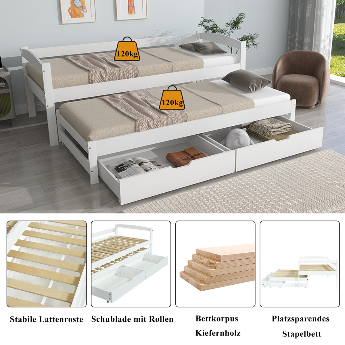 POLSTERBETT 200/90 cm Weiß mit ausziehbarem Rollbett und 2 Schubladen aus Kiefernholz - Weiß, Holzwerkstoff (90/200cm) - OKWISH