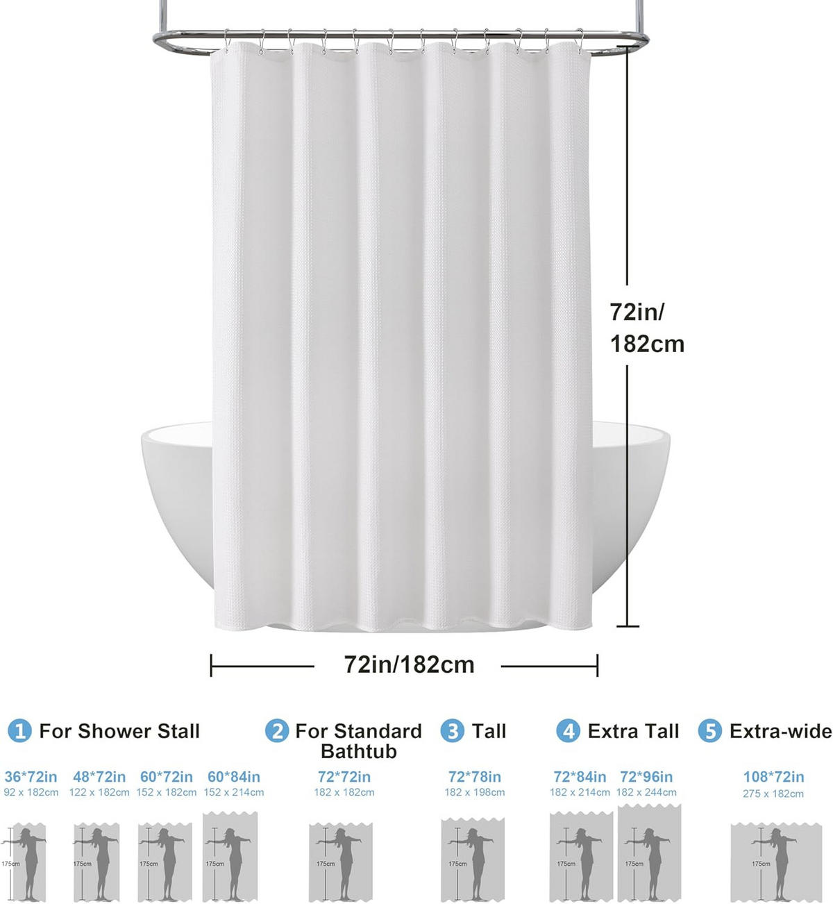 DUSCHVORHANG Grau Waffelstruktur Polyester wasserdicht schimmelresistent mit Ringen - Grau, Textil (182/182cm) - MCBOSON