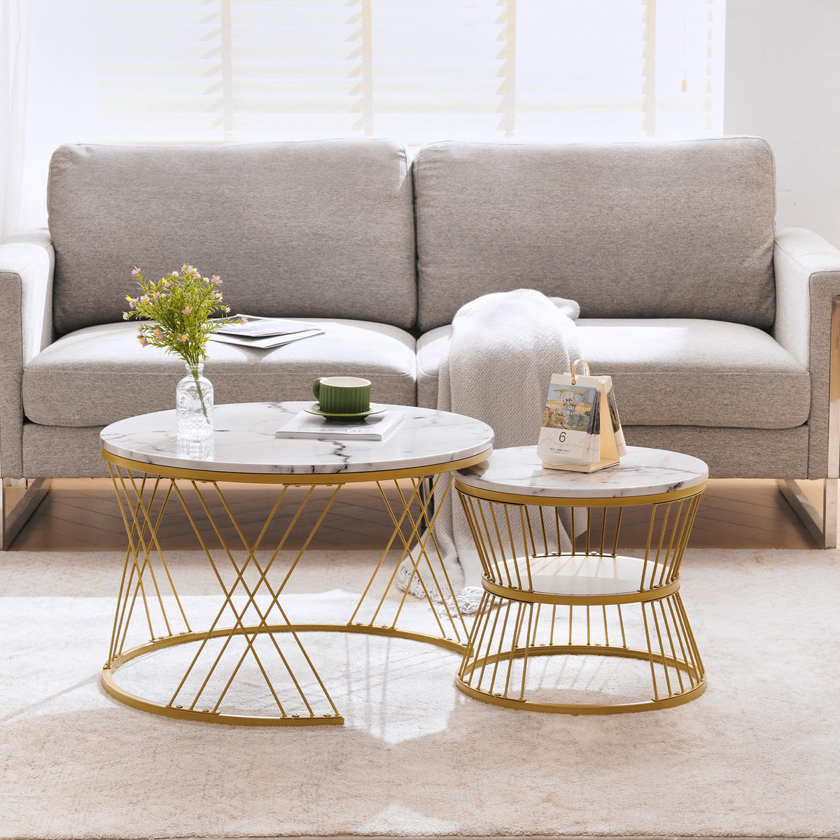 COUCHTISCH 2er Set Nesting Hochglanz Marmor Gold Rahmen - Weiß, Holzwerkstoff (70/70/45cm) - FLIEKS