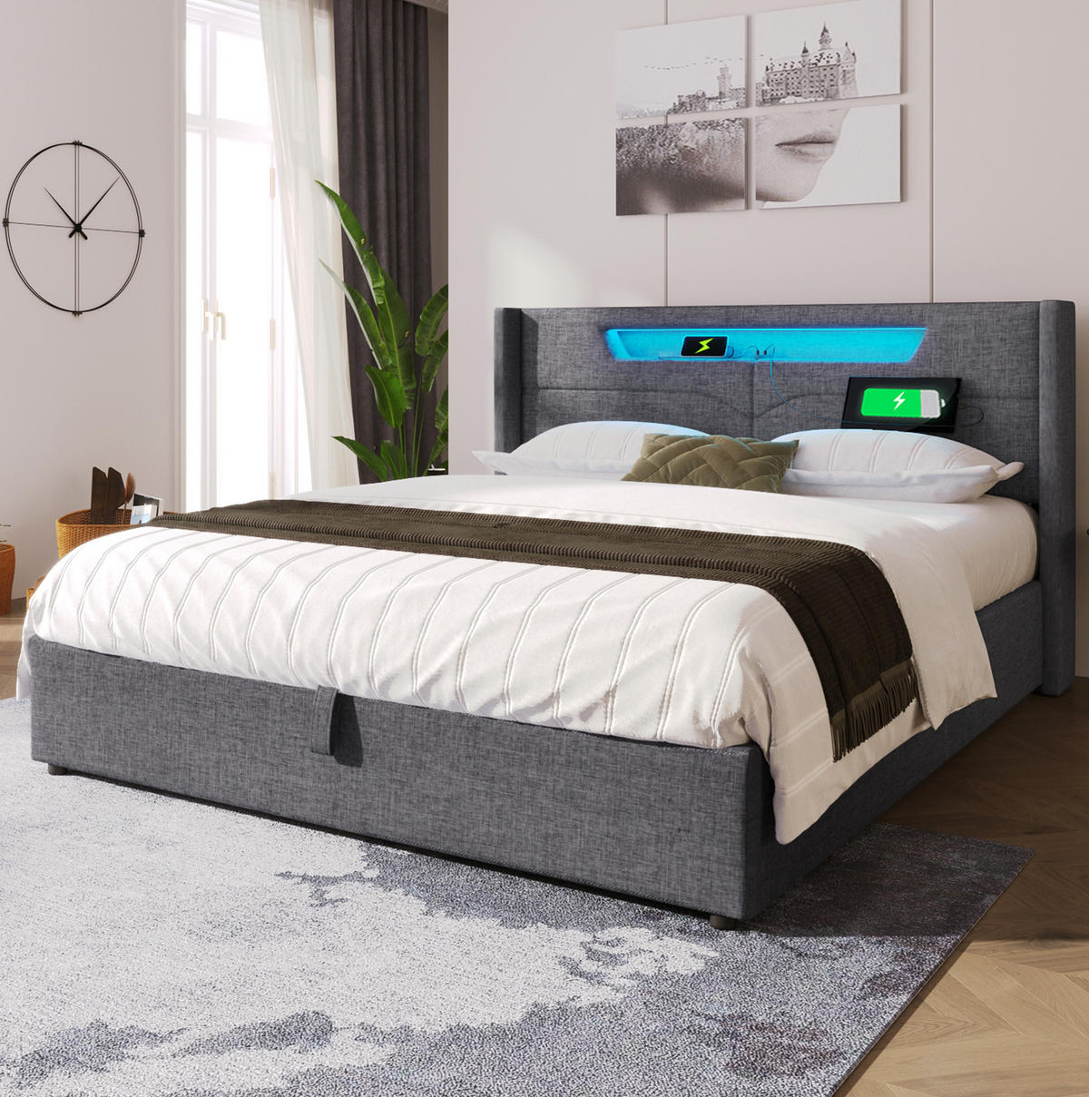 TAPECIRANI krevet od lanene tkanine 160x200 cm sivi s LED rasvjetom, USB i Type-C priključkom te spremištem - siva, tekstil (160/200cm) - Modfu