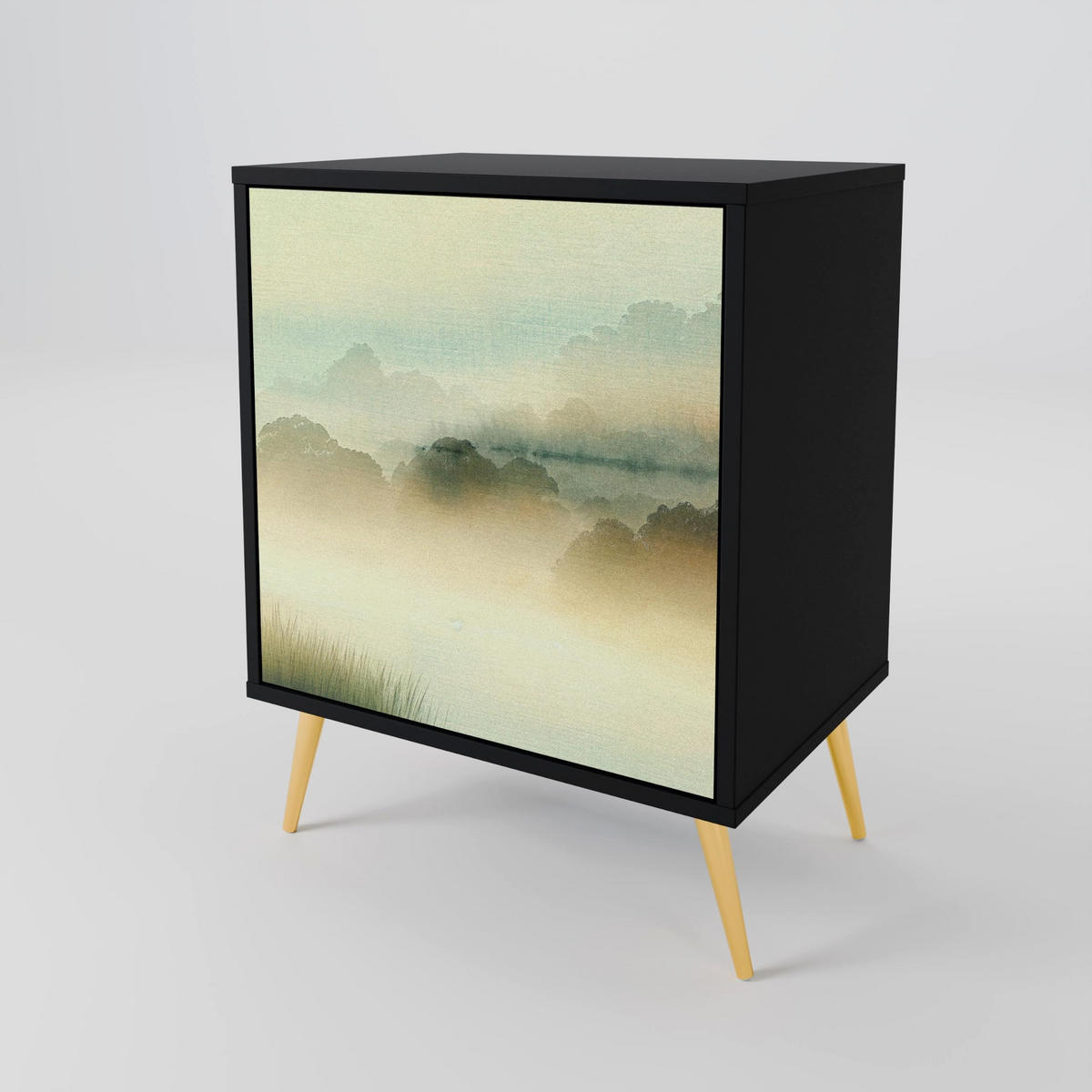 SIDEBOARD MORNING BY THE LAKE, Schwarz, 57,5x42x72,5 cm, Schwarze Metallfüße - Multicolor/Schwarz, Holzwerkstoff/Metall (57.5/72.5/42cm) - SpaceRebels