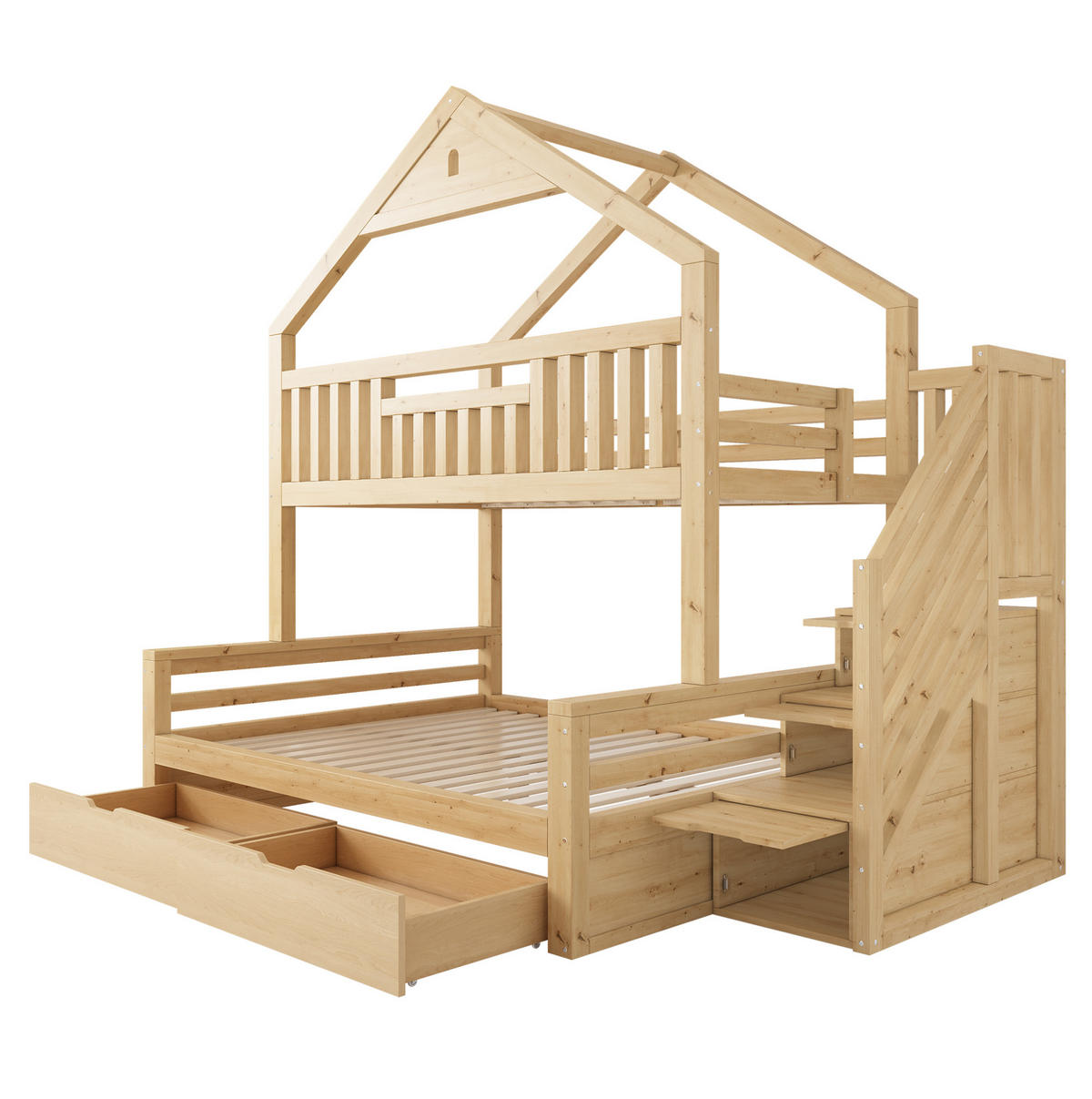 ETAGENBETT Holz 140x200 cm Eichefarben mit Treppenschrank, 2 Schubladen und Giebeldach - Eichefarben, Holz (140/200cm) - Modfu