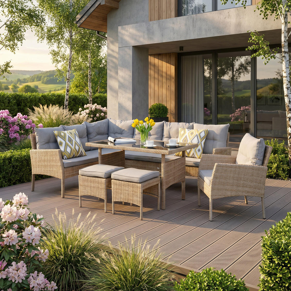 GARTENSET Calista, Technorattan, 2 Ecksofas + Sessel + 2 Hocker + Esstisch, für 7 Personen - Beige, Kunststoff - Beautysofa