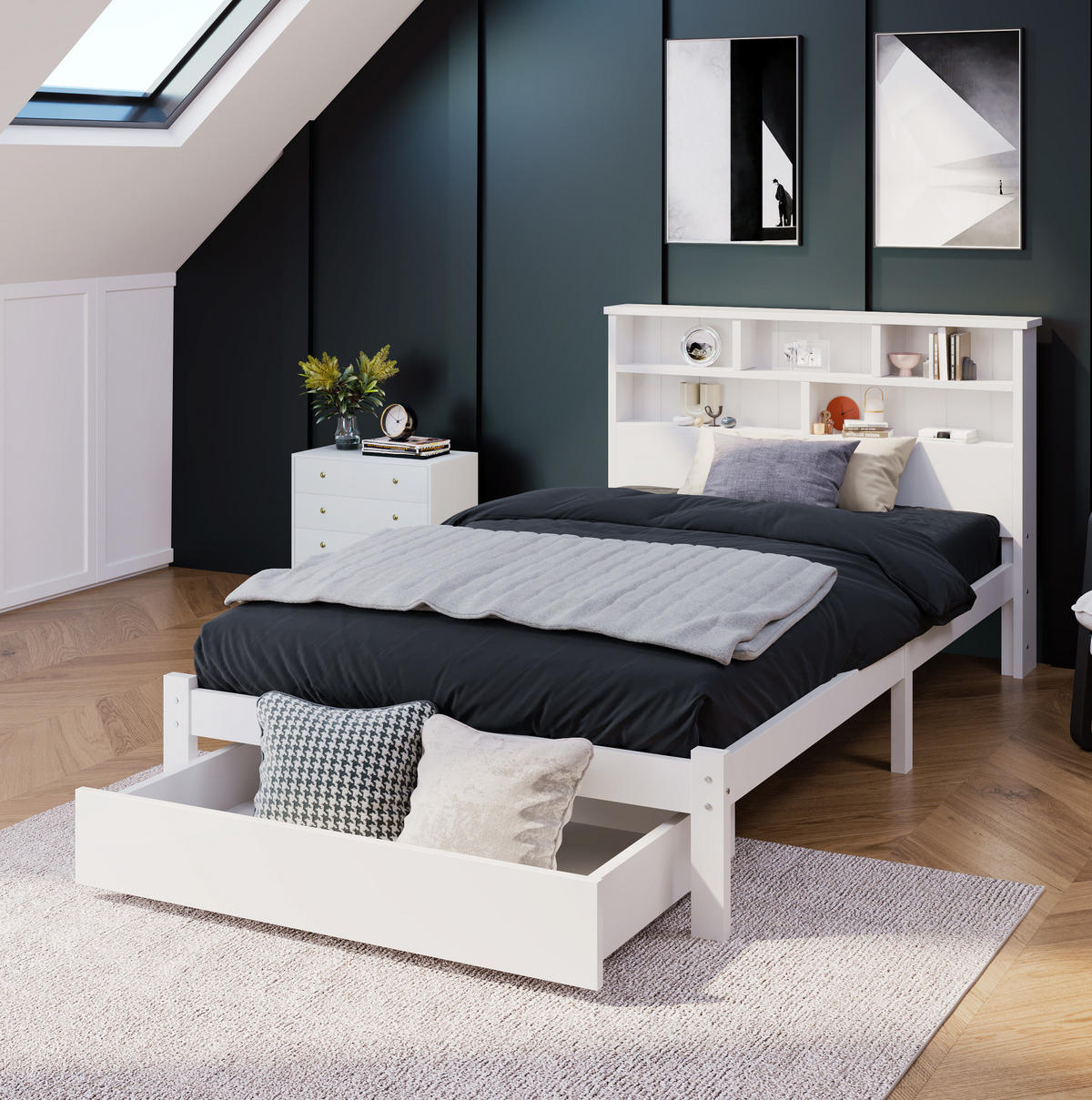 EINZELBETT 90/200 cm Weiß mit Bücherregal und Schubladen - Weiß, Holz (90/200cm) - OKWISH