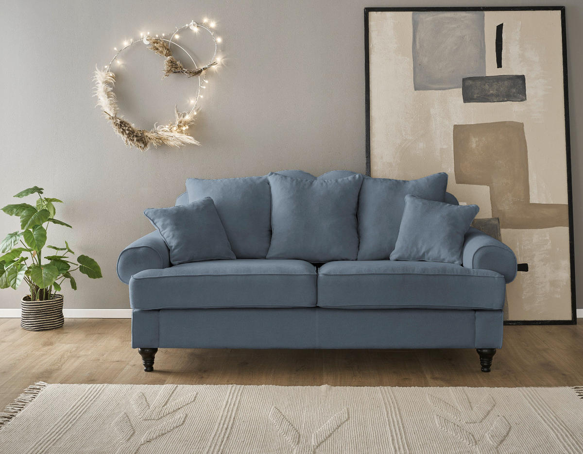 SOFA blau Landhaus, Couch 3-Sitzer 200 cm - Blau, Holz/Textil (200/95/100cm) - Furn.Design