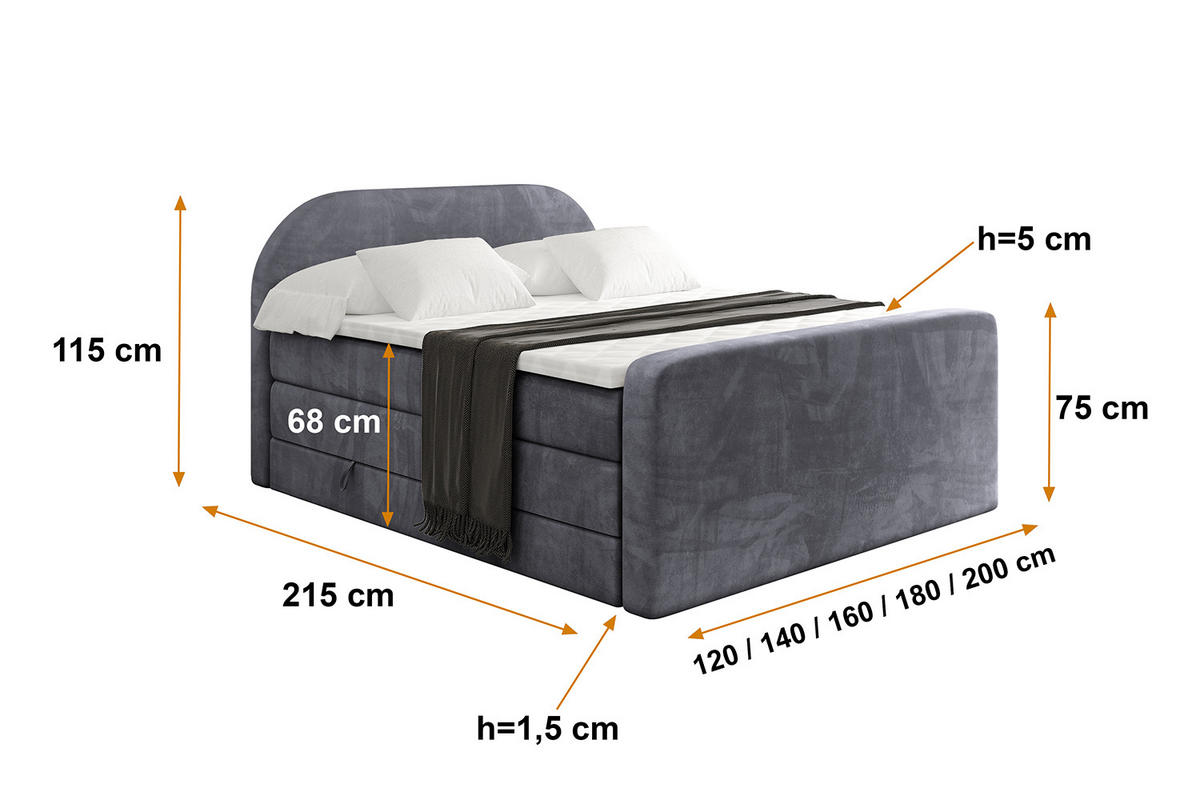 BOXSPRINGBETT mit Matratze und Lattenrost - NOX-Z KING-160x200 - Dunkelgrau Casablanca - Dunkelgrau, Holzwerkstoff (160/200cm) - ALTDECOR