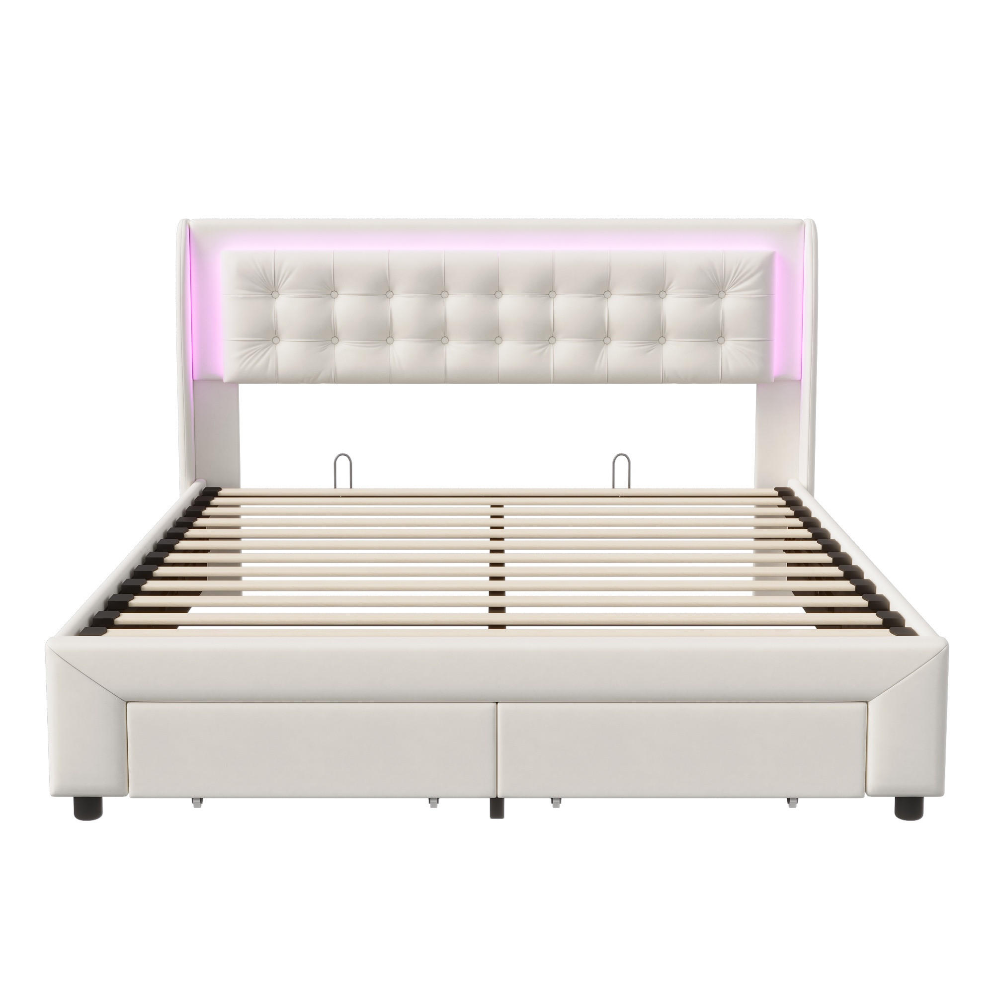 POLSTERBETT 140x190cm LuxeDream mit Hydraulik-System, RGB-LED-Beleuchtung & 2 Schubladen, Samt, Beige - Beige, Textil (140/190cm) - DELFA
