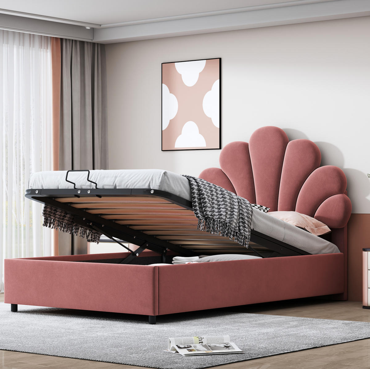 KINDERBETT 90/200 cm rosa aus Samt mit Stauraum und Lattenrost - Rosa, Holzwerkstoff (90/200cm) - OKWISH