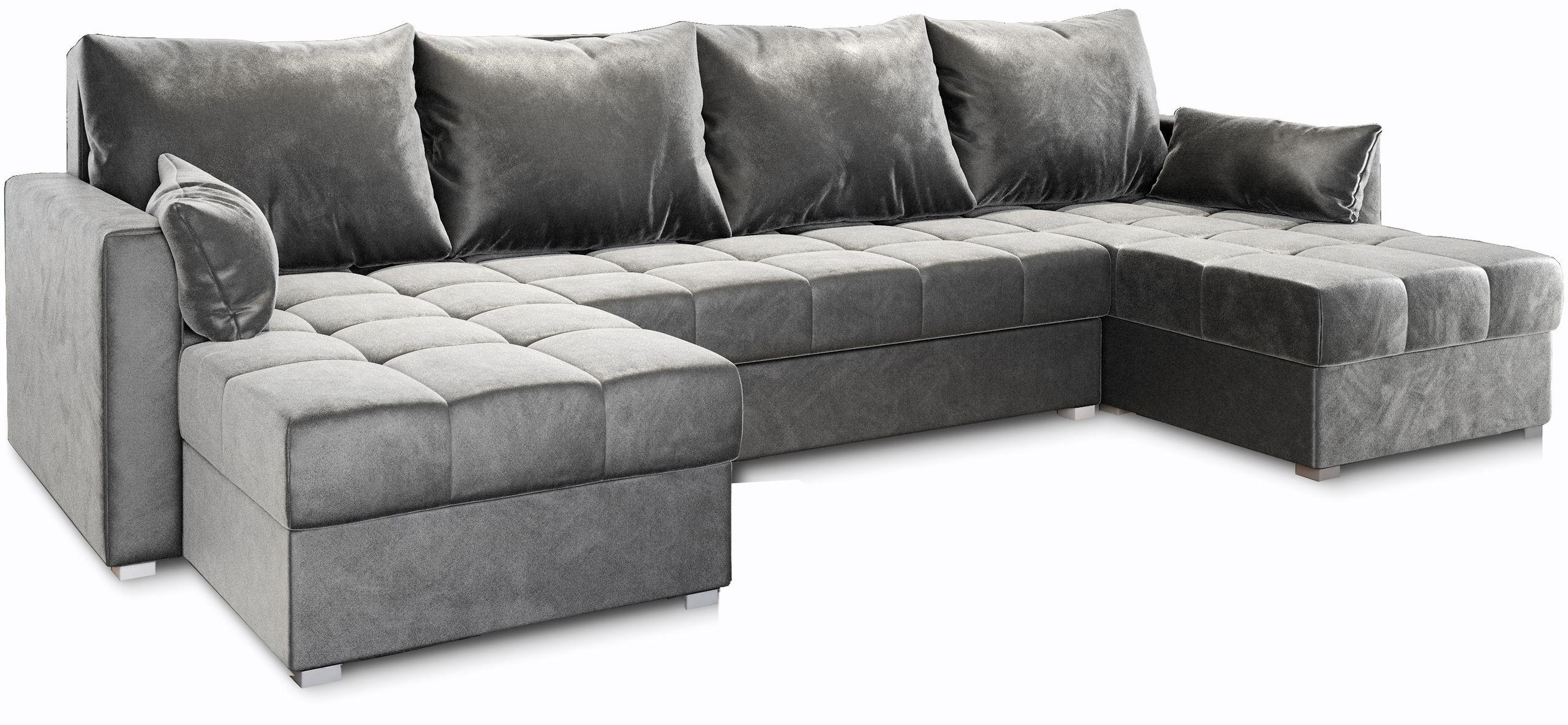 WOHNLANDSCHAFT NAKO Hellgrau Plüsch-Stoff mit Schlaffunktion - Hellgrau, Holz (285/85/140cm) - MASSENO
