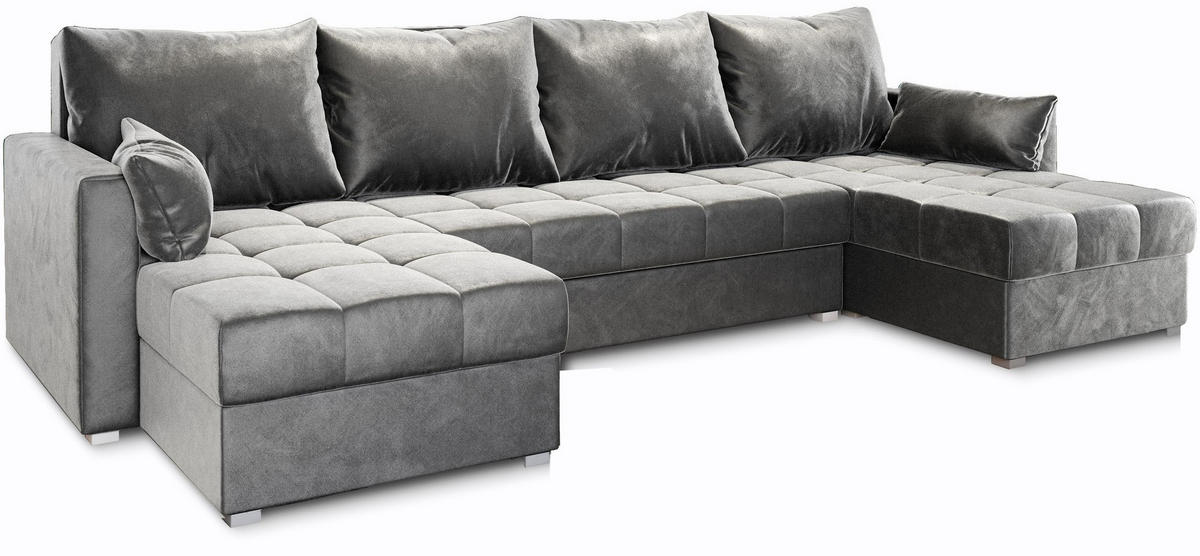WOHNLANDSCHAFT NAKO Hellgrau Plüsch-Stoff mit Schlaffunktion - Hellgrau, Holz (285/85/140cm) - MASSENO