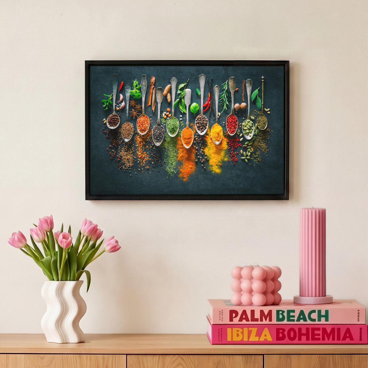 LEINWAND Bilder mit Rahmen - Kräuter - Gewürze - Löffel - 30x20 - Currygelb, Textil (30/20cm) - MuchoWow