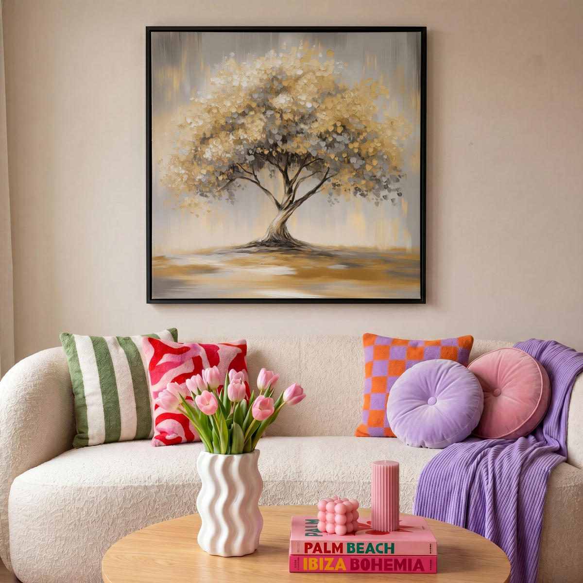 LEINWAND Bilder mit Rahmen - Gemälde - Baum - Abstrakt - Blätter - 90x90 - Beige, Textil (90/90cm) - MuchoWow