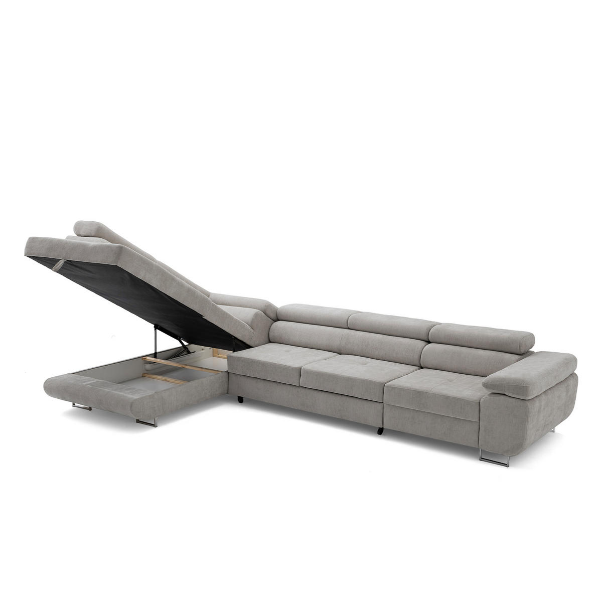 ECKSOFA WILD MAXI L Links mit Schlaffunktion 125x195 Chenille Grau - Chromfarben/Grau, Holz/Textil (350/203cm) - Muffo