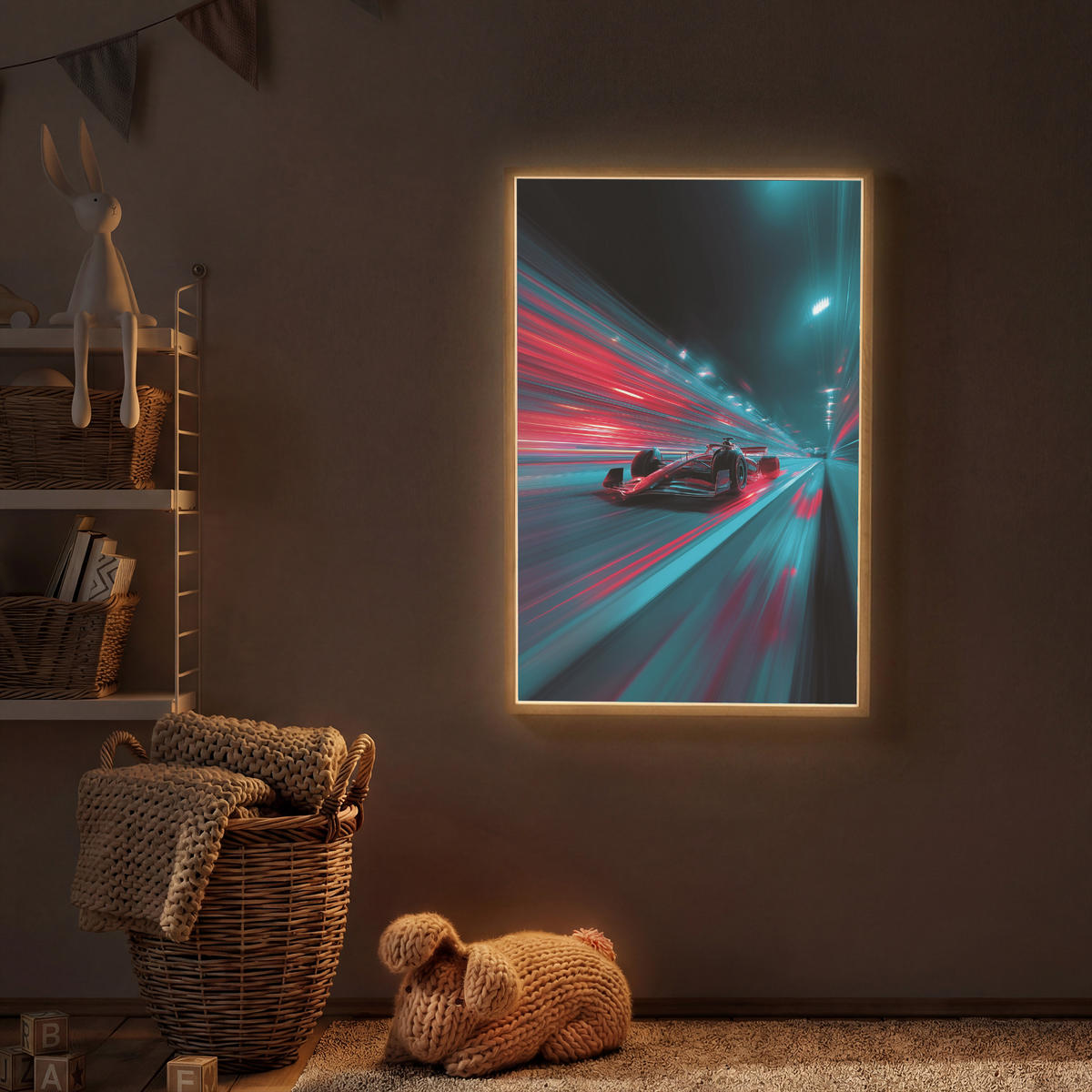 DOBÍJECÍ NOČNÍ LAMPIČKA Závodní auto - Červená - Rychlost 70x100 cm - tyrkysová, kompozitní dřevo (8/70/100cm) - OnlyWow
