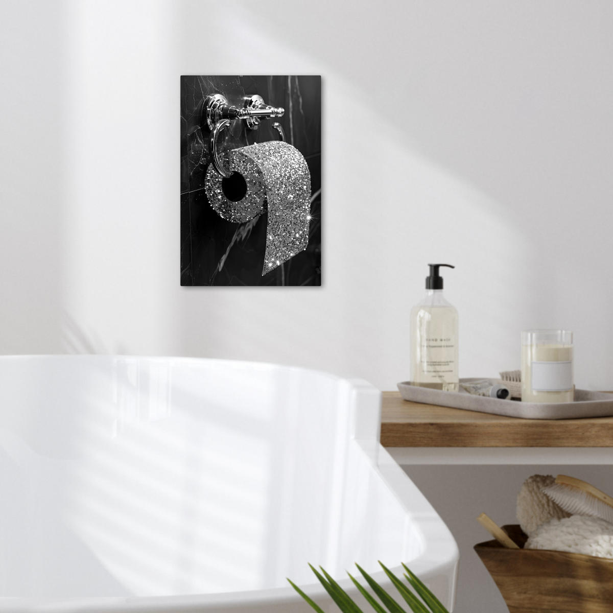 LEINWANDBILD WC - Toilettenpapier - Schwarz und weiß - Glitter 20x30 cm - Silberfarben, Textil (20/30cm) - MuchoWow