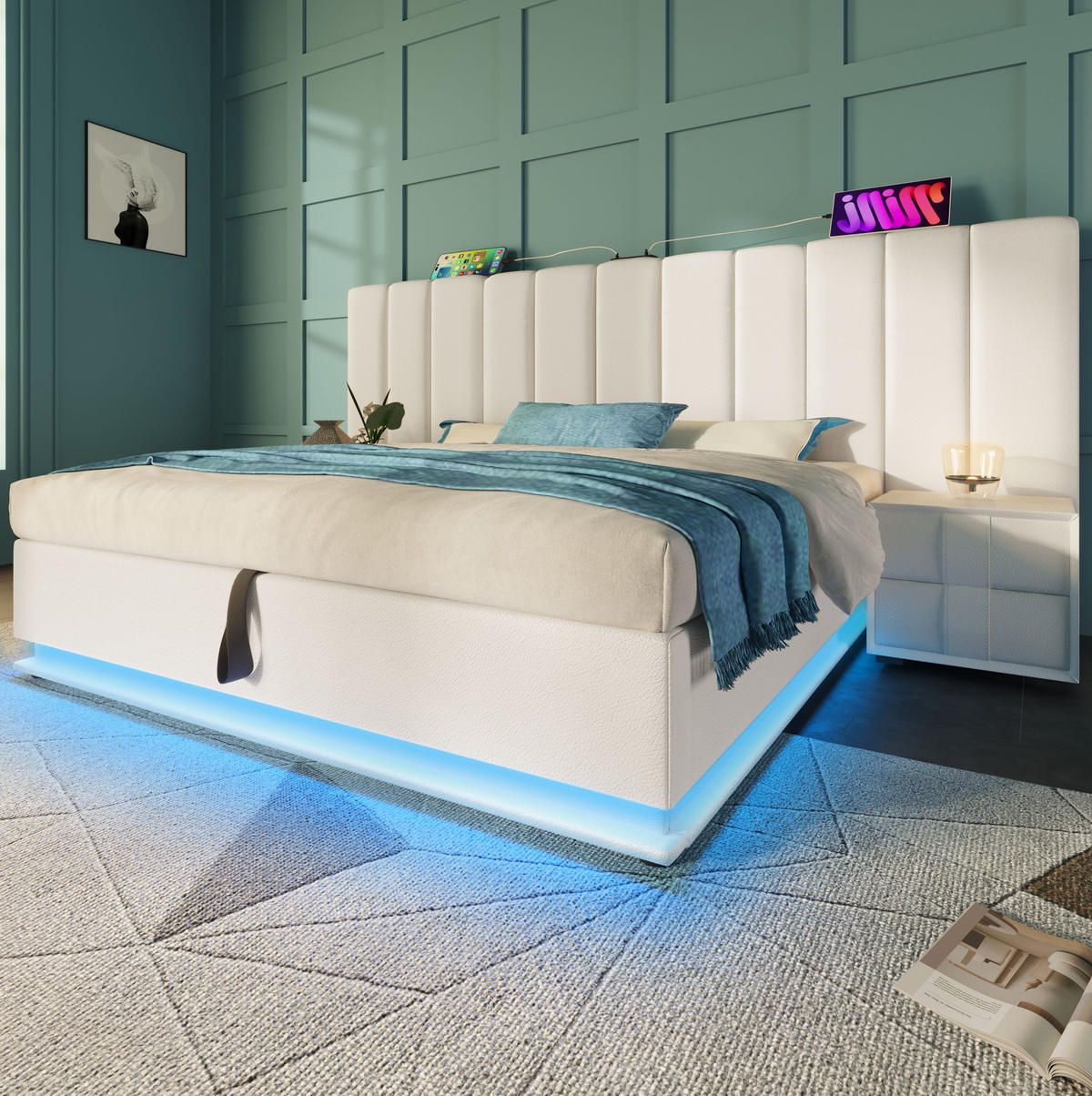POLSTERBETT aus PU 180x200 cm Weiß mit Bettkasten, LED-Beleuchtung und USB-C-Anschluss - Weiß, Leder (180/200cm) - IVMEU