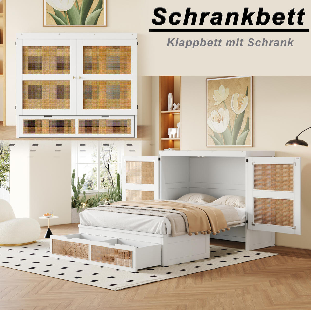 KREVET 140/200 cm s preklopnim zidnim dizajnom, prostorom za pohranu i vratima u rattan stilu, Bijela / Siva - bijela, drvni materijal (140/200cm) - Redom