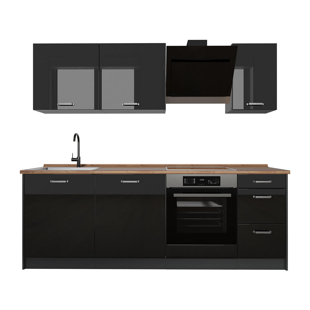 KÜCHENZEILE R-Line, Schwarz Hochglanz/Anthrazit, 220 cm Arbeitsplatte Goldkraft Eiche - Schwarz Hochglanz/Anthrazit, Holzwerkstoff (220/81.6/60cm) - Vicco