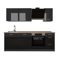 KÜCHENZEILE R-Line, Schwarz Hochglanz/Anthrazit, 220 cm Arbeitsplatte Goldkraft Eiche - Schwarz Hochglanz/Anthrazit, Holzwerkstoff (220/81.6/60cm) - Vicco