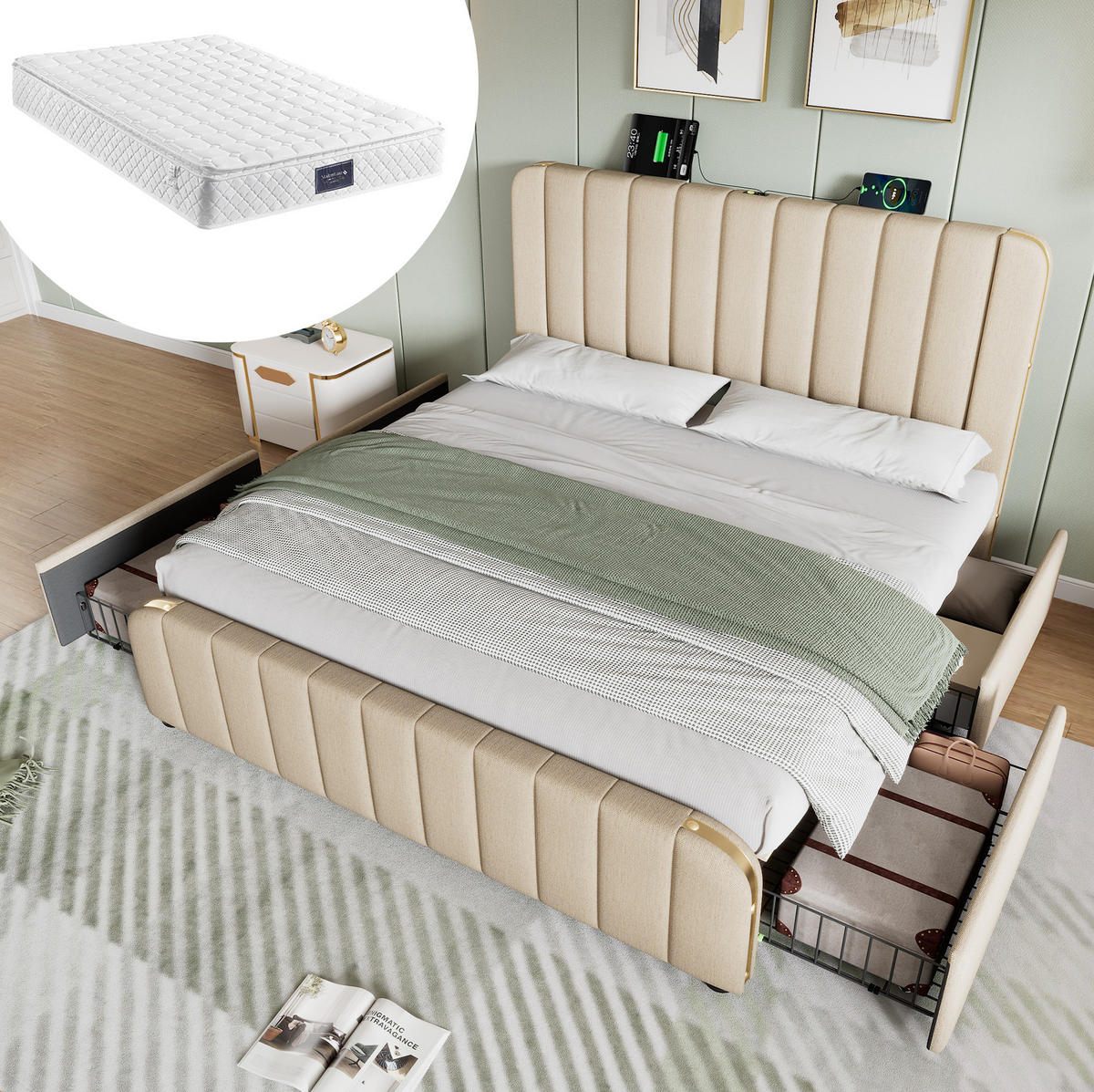 POLSTERBETT aus Leinen 160x200 cm in Beige mit USB- & Matratze - Beige, Textil (160/200cm) - Modfu
