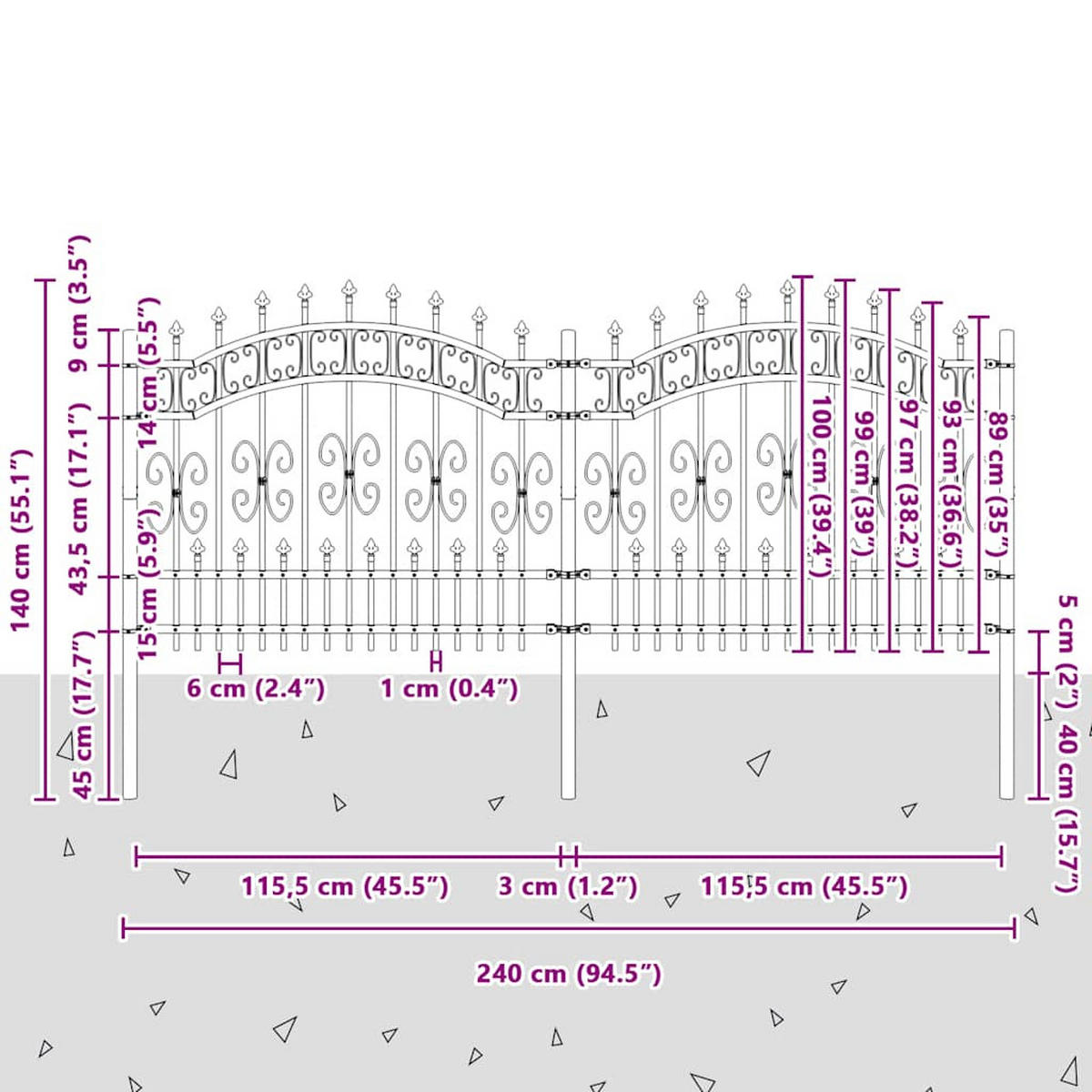 GARTENZAUN mit Speerspitze, 240/131 cm, aus Pulverbeschichteter Stahl, Schwarz - Schwarz, Metall (240/140cm) - vidaXL