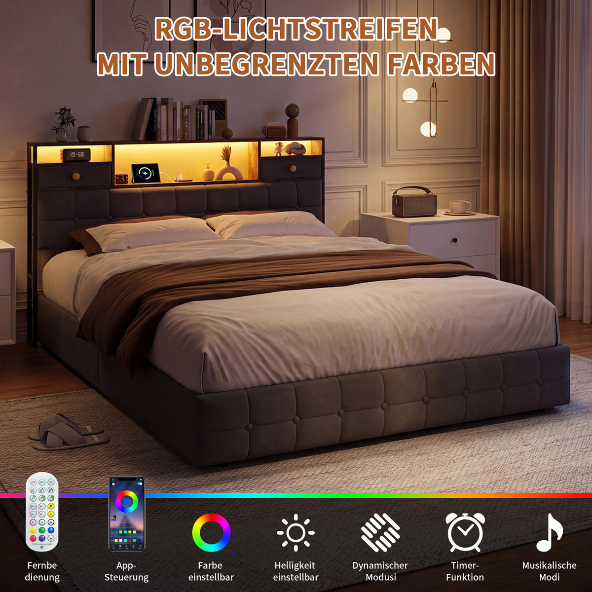 BETT 160x200 mit 2 Schubladen am Kopfteil, Hydraulik-Stauraum, LED und USB, Samt in Grau - Grau, Holz (160/200cm) - BRILVERDE