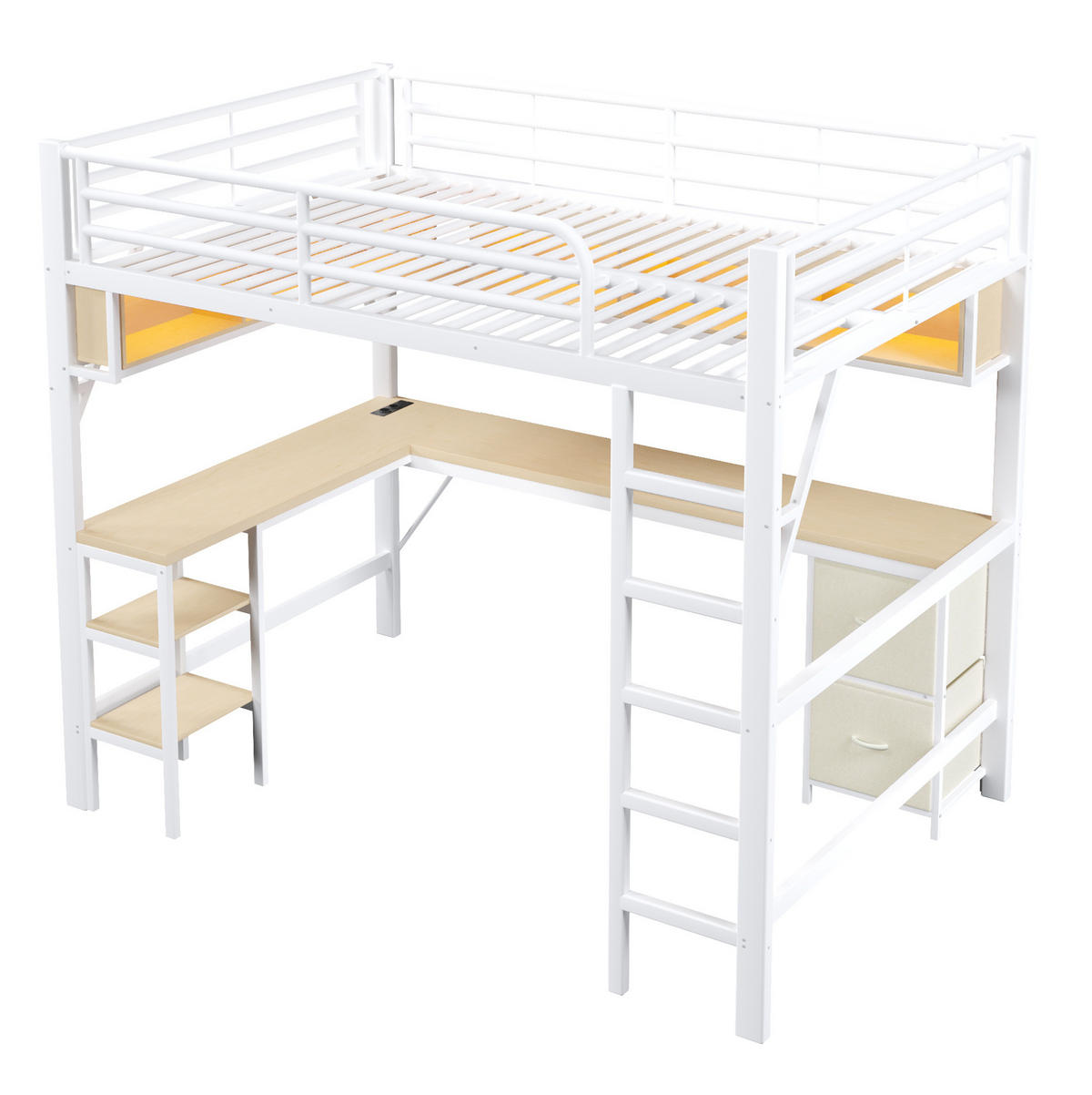 HOCHBETT 140/200 cm weiß aus Metall mit Schreibtisch mit LED und USB - Weiß, Holzwerkstoff (140/200cm) - OKWISH