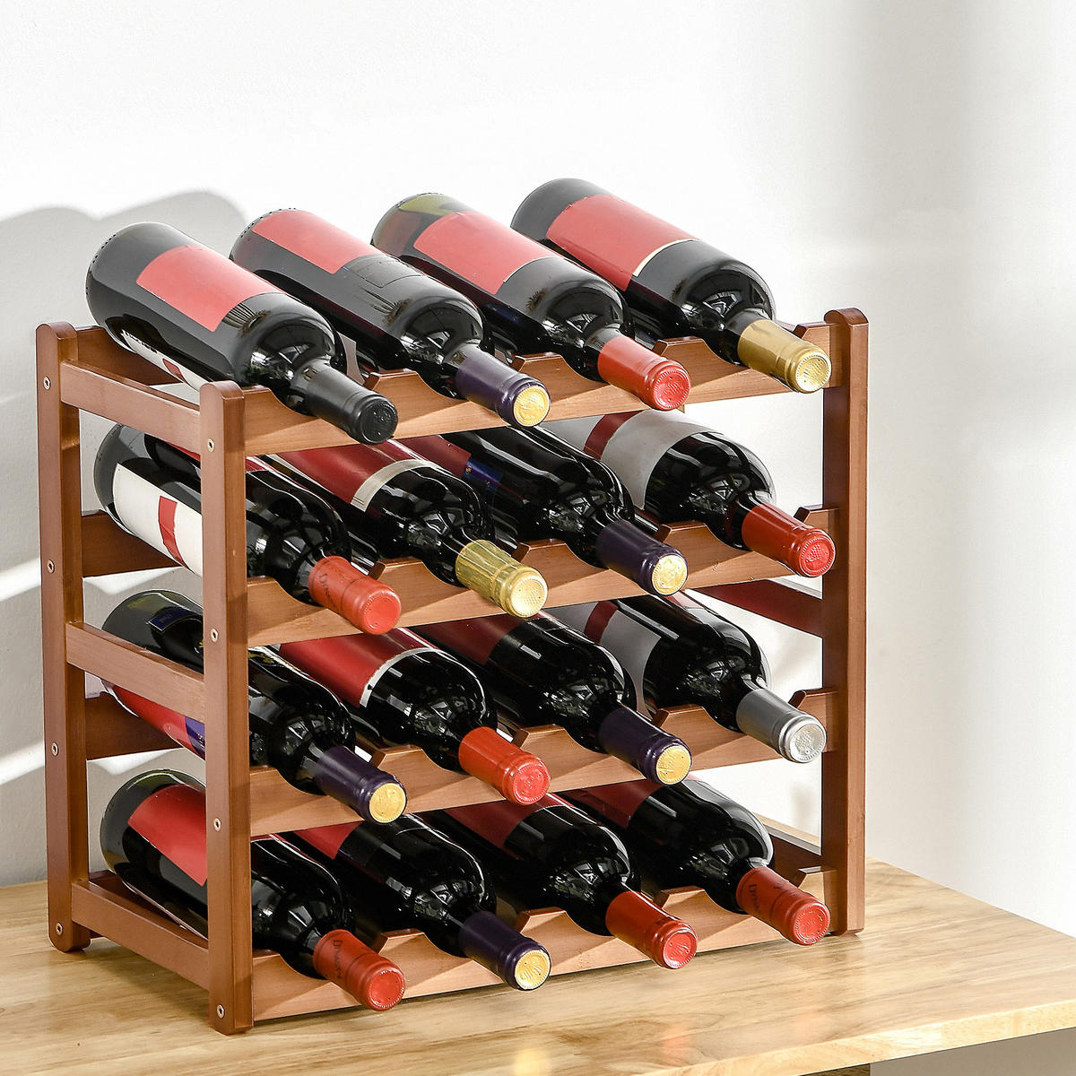 WEINREGAL, 4-stöckig, Bambusholz, 16 Flaschen, 75kg, braun, 43x23,5x38cm - Multicolor, Metall (43/38/23.5cm) - FORIOUS
