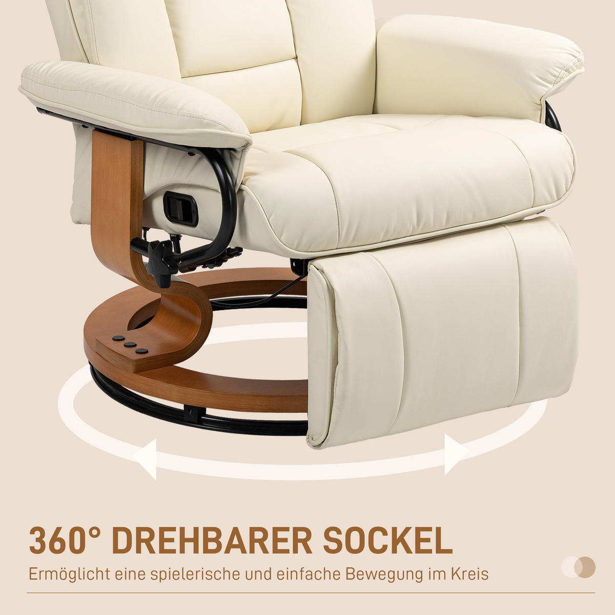 RELAXSESSEL Drehbar Fernsehsessel mit Liegefunktion, Fußstütze, Cremeweiß - Creme, Leder (88/103/78cm) - HOMCOM