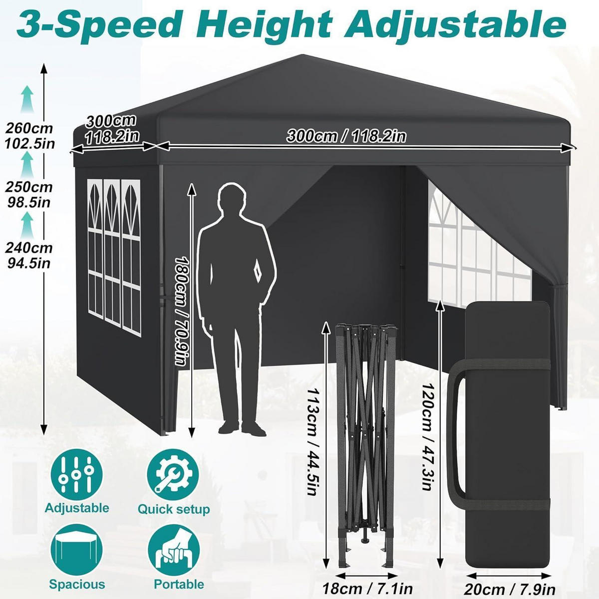FALTPAVILLON 3x3 m Anthrazit mit Seitenwänden - Anthrazit, Textil (300/260/300cm)