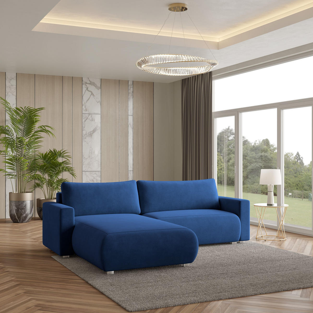 ECKSOFA TURIN M Blau Velours-Stoff mit Schlaffunktion - Blau, Holz (265/183cm) - MASSENO