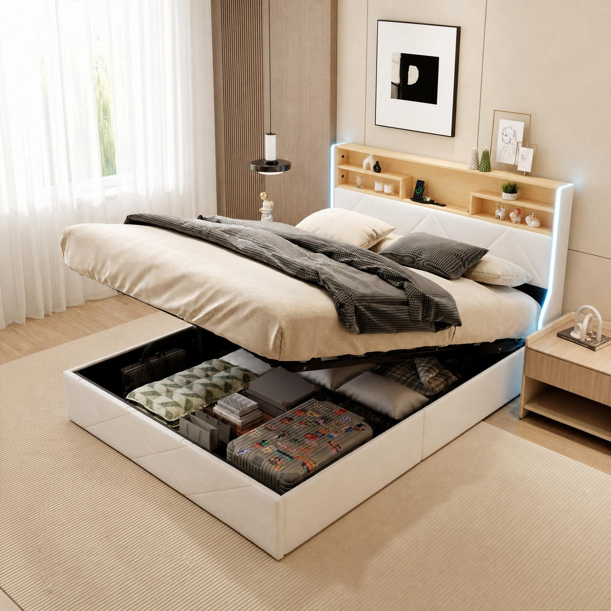 POLSTERBETT 160x200 cm Weiß PU Leder LED USB Bettkasten - Weiß, Holz (160/200cm) - SHOPENTRA