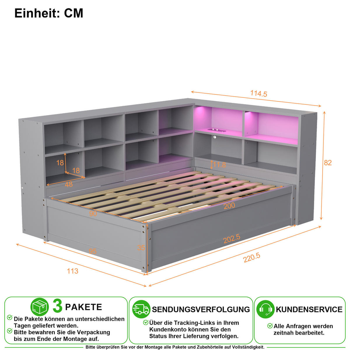SCHLAFSOFA 90/200 cm in Grau mit Stauraum, LED und Steckdose - Grau, Holz/Holzwerkstoff (90/200cm) - CHICFURN