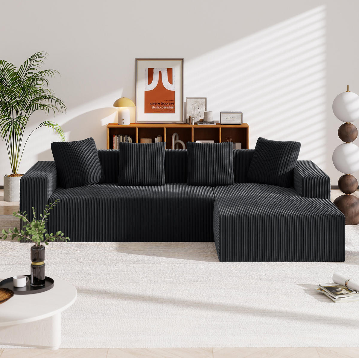 ECKSOFA 261/146/65 cm schwarz aus Cord mit Ottomane und Kissen - Schwarz, Textil (146/261cm) - OKWISH