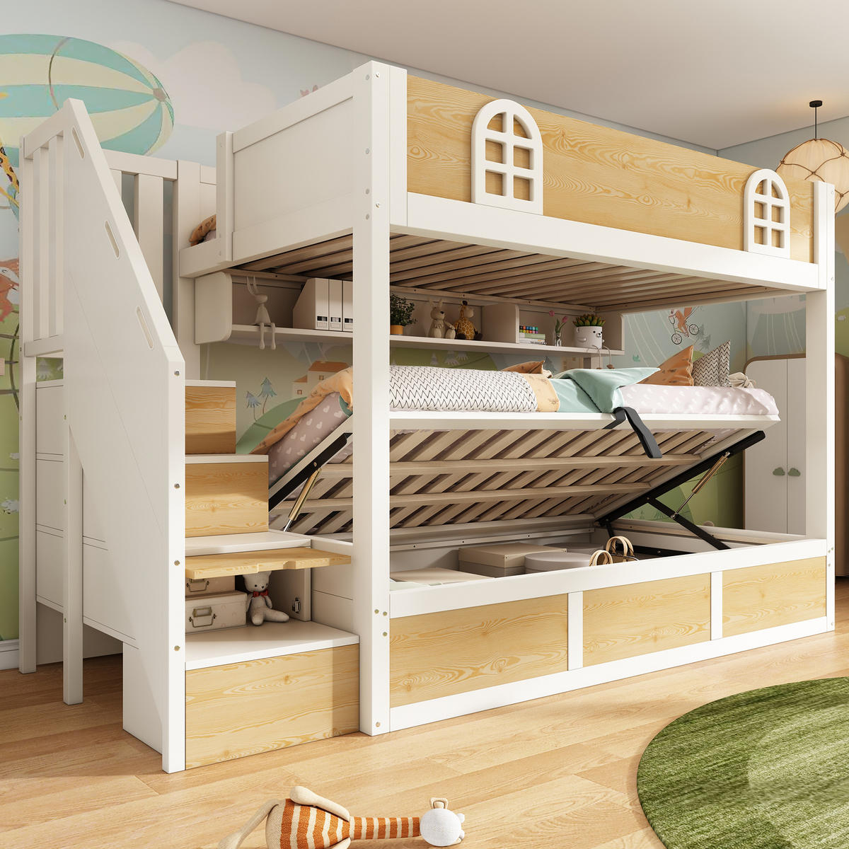 ETAGENBETT aus Holz und Metall 90x200 cm Weiß/Natur mit Treppenschrank und Stauraum - Naturfarben, Holzwerkstoff (90/200cm) - IVMEU