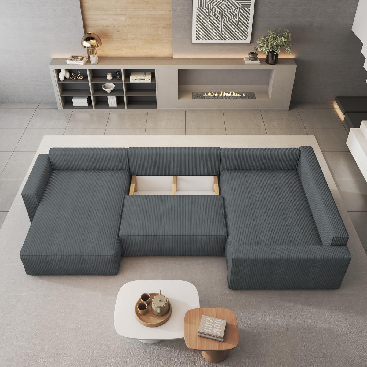 WOHNLANDSCHAFT VELAMI R-S Grau Kordstoff mit Schlaffunktion - Grau, Holz (365/83/194cm) - MASSENO