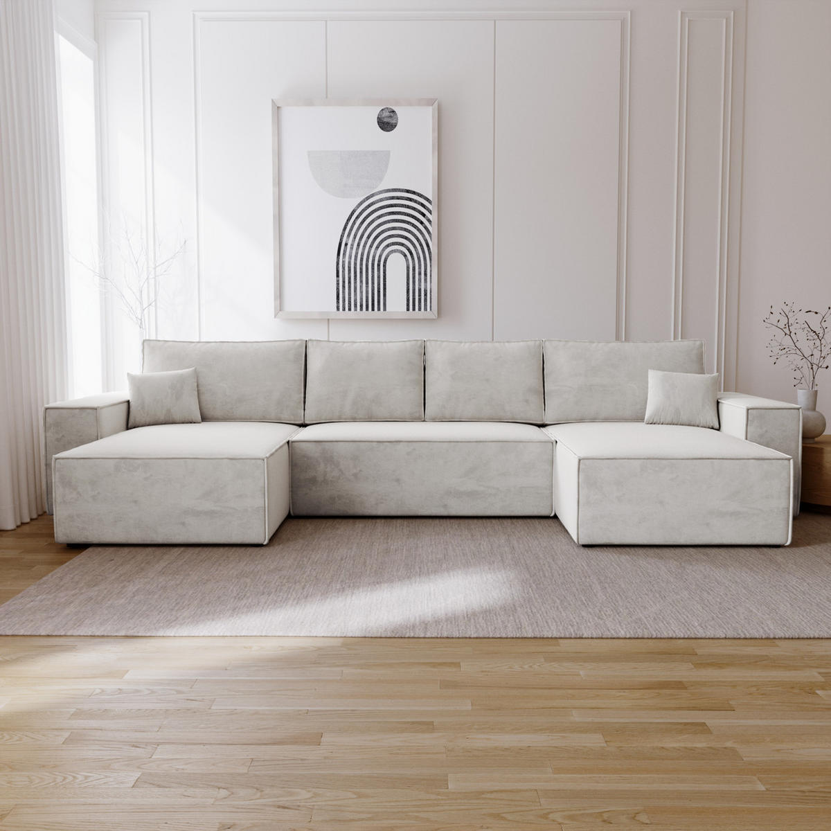 ECKSOFA 380 cm Bergamo U mit Bettkasten, Samt, Hellgrau - Hellgrau, Holz (377/189cm) - Emporius