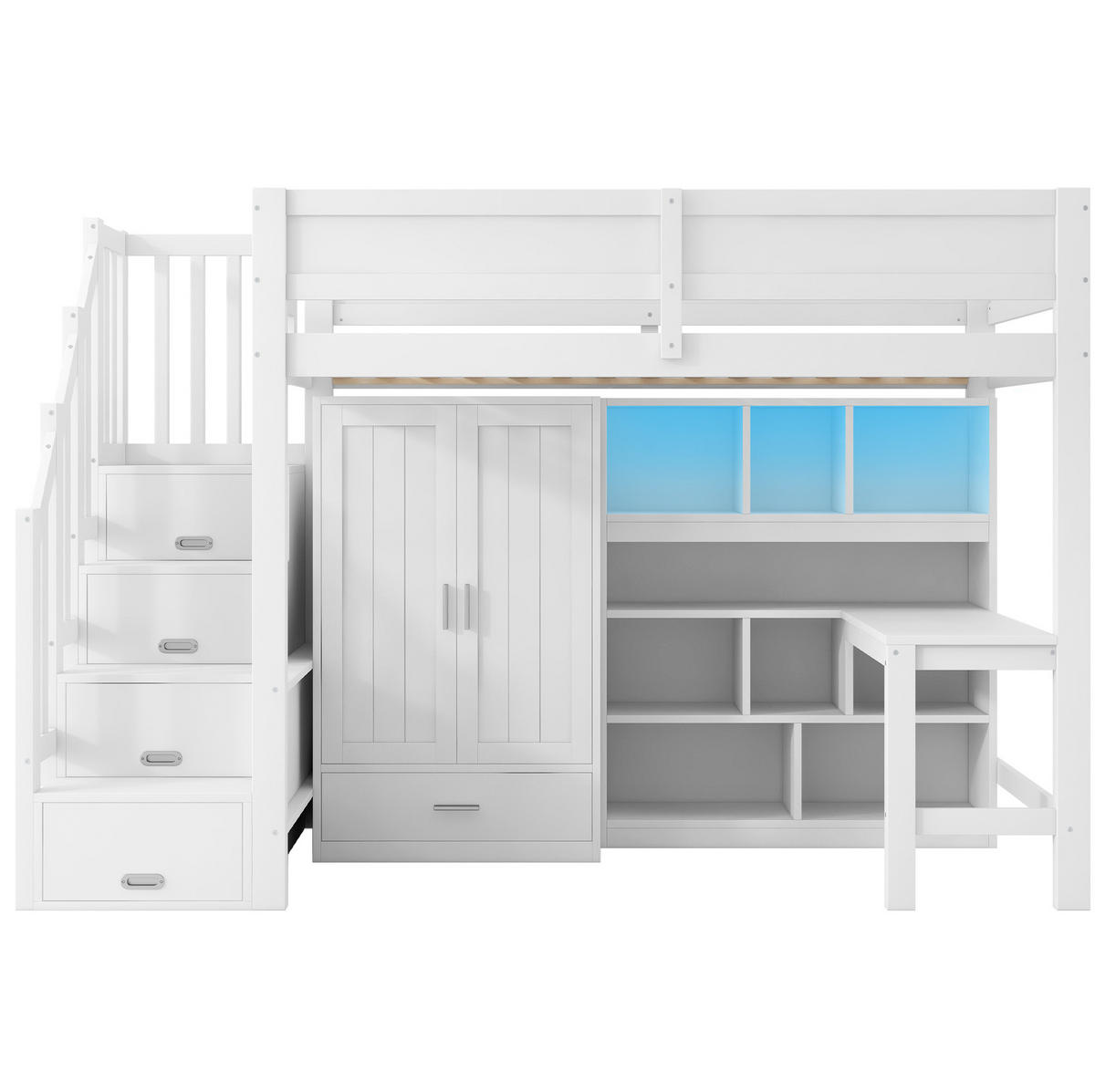 HOCHBETT 90x200 cm in Weiß mit Schreibtisch, Kleiderschrank, Stauraumtreppe und LED - Weiß, Holzwerkstoff (90/200cm) - IVMEU