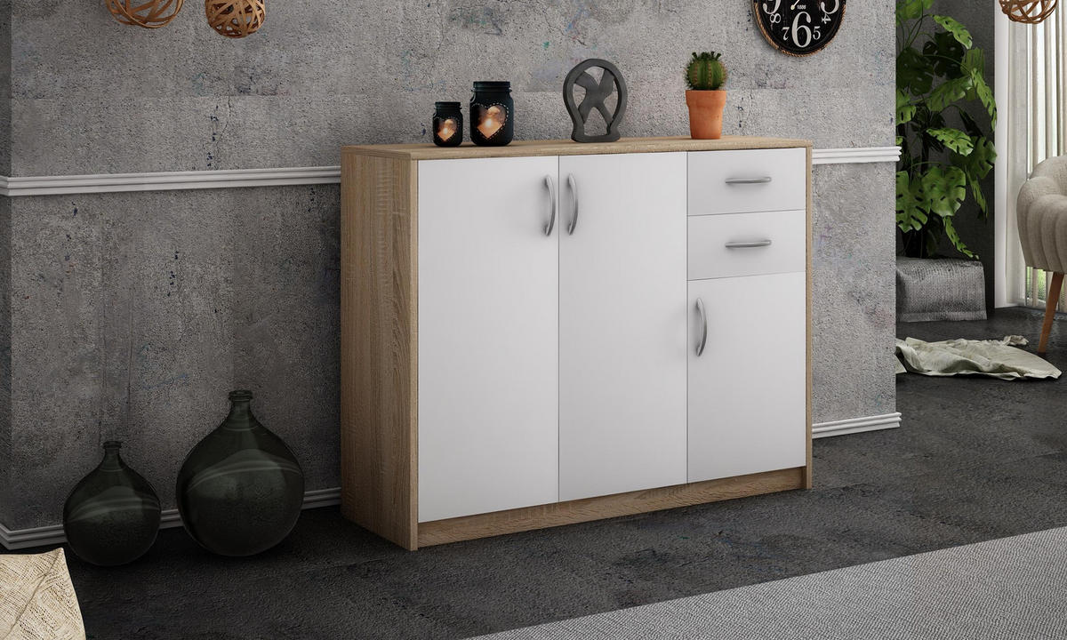 KOMMODE 3D2S Sonoma Eiche –Weiß 110/35/85 cm - Weiß/Sonoma Eiche, Holzwerkstoff (110/85/35cm) - Matkam Möbel
