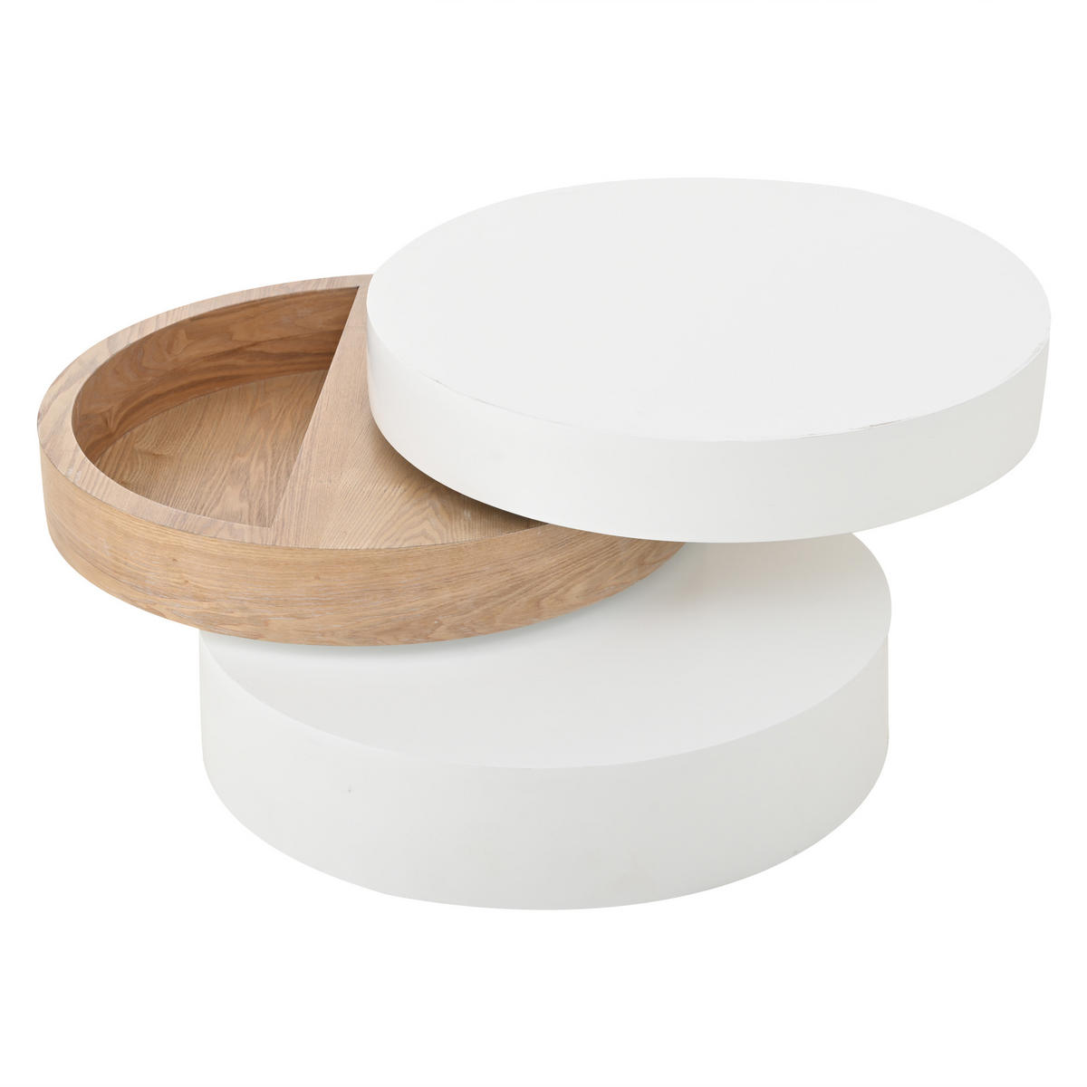 COUCHTISCH DE-37147 zylindrisch mit 360° drehbaren Platten und Stauraum Weiß/Natur - Weiß, Holzwerkstoff (60/60/35.1cm) - ComfortXL
