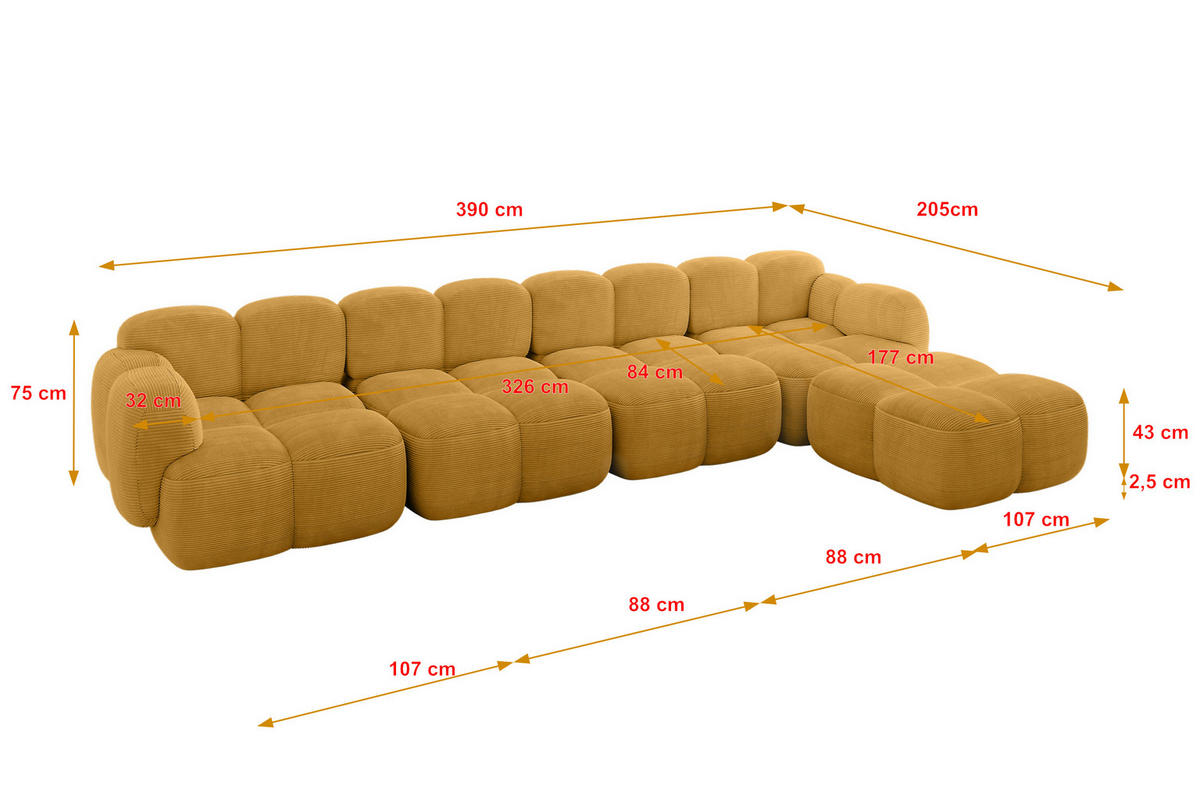ECKSOFA modulares Sofa Rechts Miko-L3 390x205x75 Senfgelb Cord - Schwarz/Honig, Holzwerkstoff/Kunststoff (390/205cm) - ALTDECOR