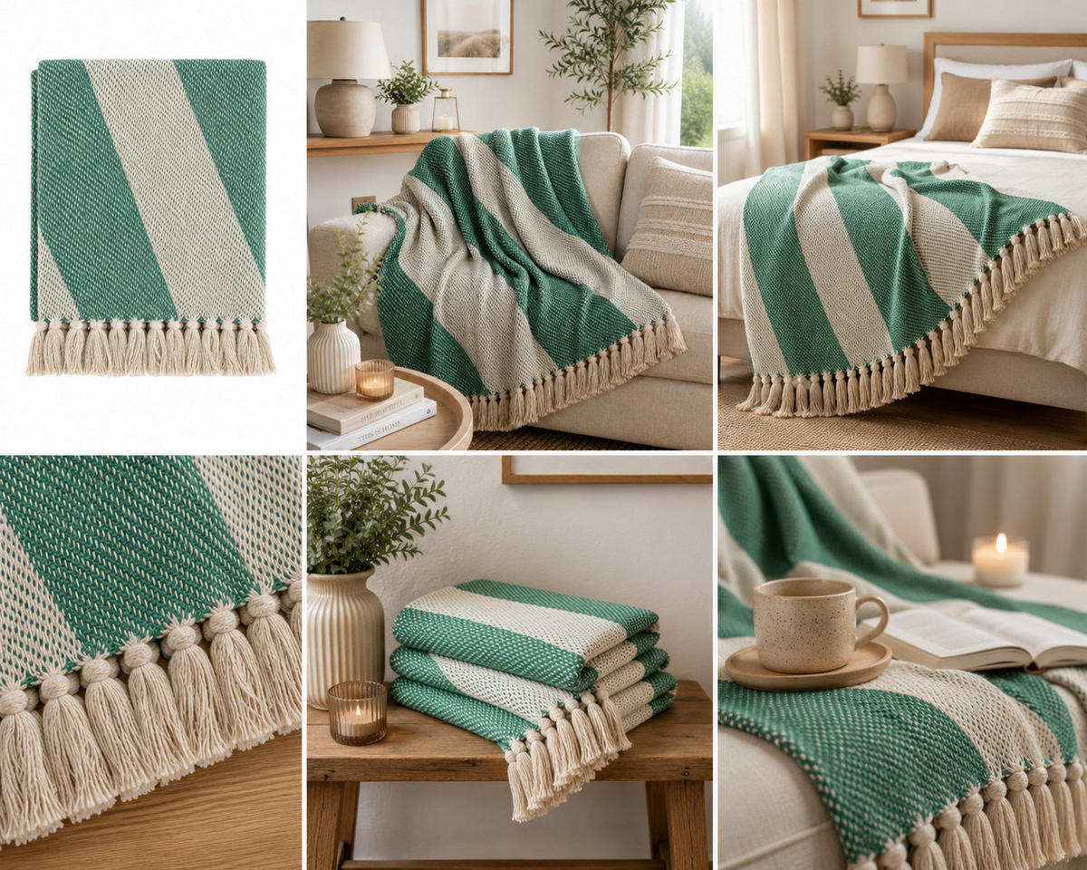 DECKE Diagonal 130x180 cm, 100% Baumwolle, Smaragd-Natur - Naturfarben/Grün, Textil (130/180cm) - Au Maison