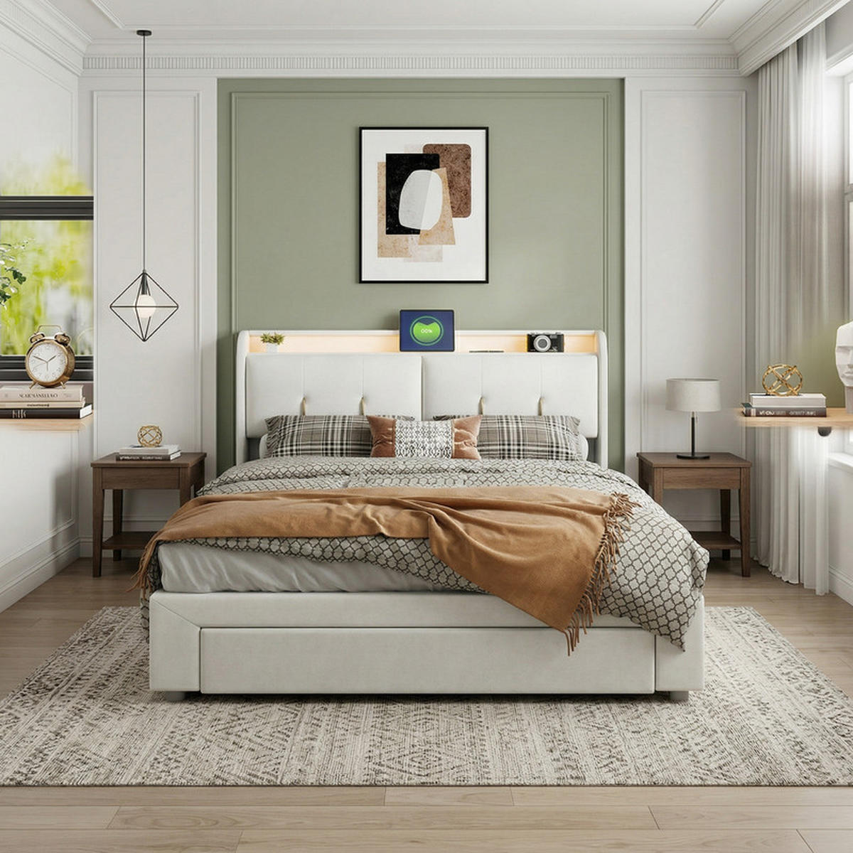 KLÄDD säng 140/200 cm krämfärgad med förvaringsutrymme, LED och USB - Beige, Trä - SHOPENTRA