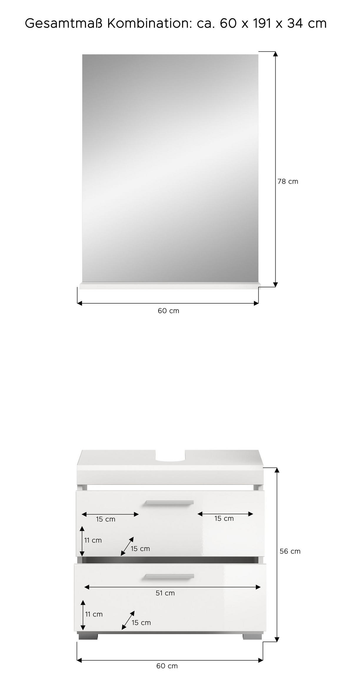 BADKOMBINATION 2tlg. Scout Bad in weiß Nachbildung und weiß hochglanz B/H/T: 60x191x34 cm - Weiß, Holz (60/191/37cm)