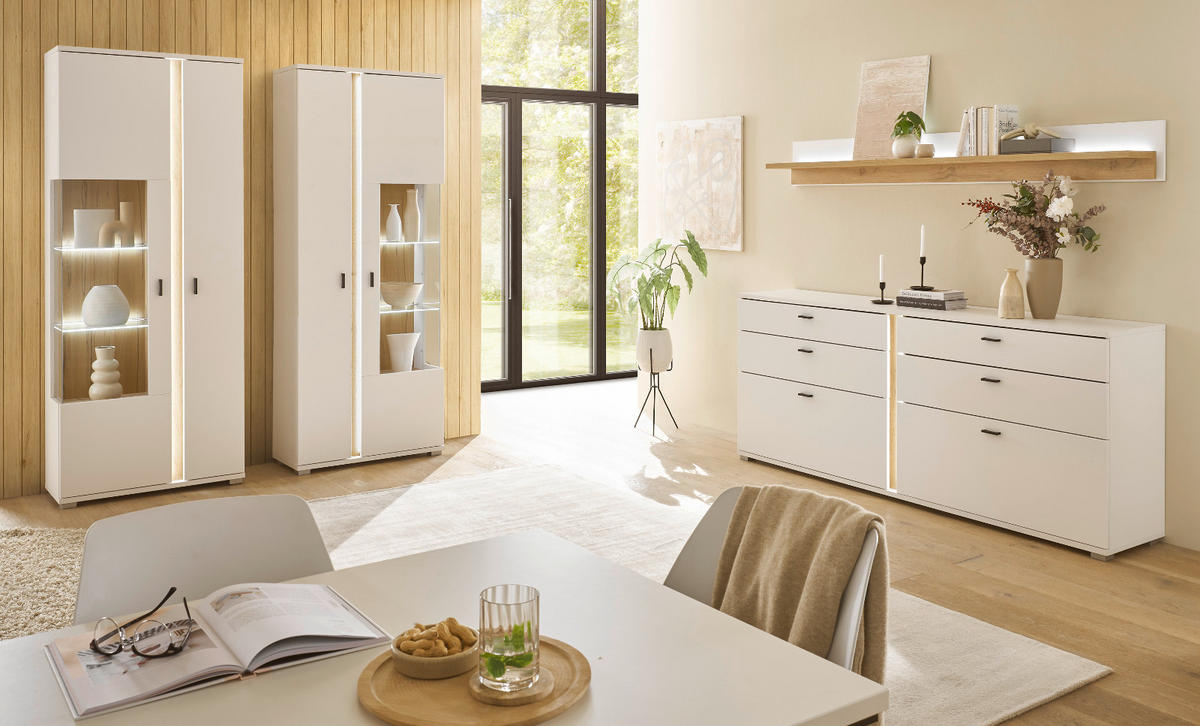 SIDEBOARD weiß matt, Eiche Wotan 200 cm, Kommode inklusive Frontbeleuchtung - Silberfarben/Eiche Wotan, Holzwerkstoff/Kunststoff (200/86/42cm) - Furn.Design