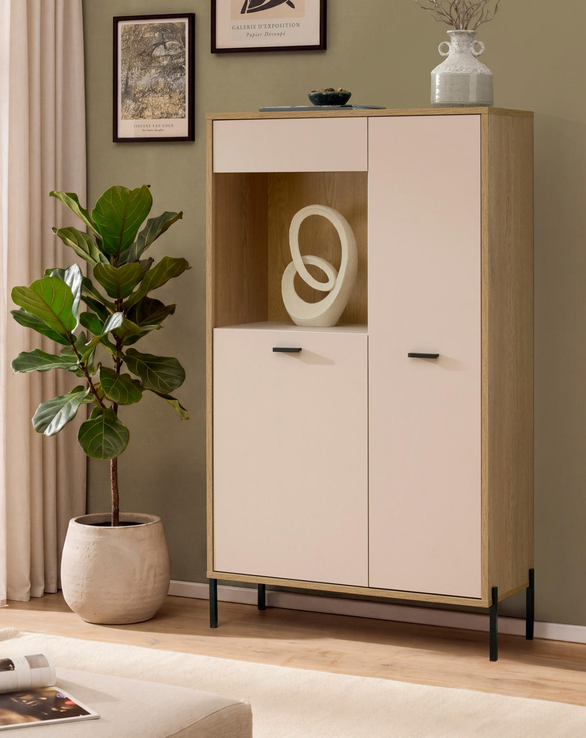 VITRINE Kaschmir, Eiche 80 x 150 cm, HIGHBOARD mit Soft-Close - Kaschmir/Eichefarben, Glas/Holzwerkstoff (80/150/35cm) - Furn.Design