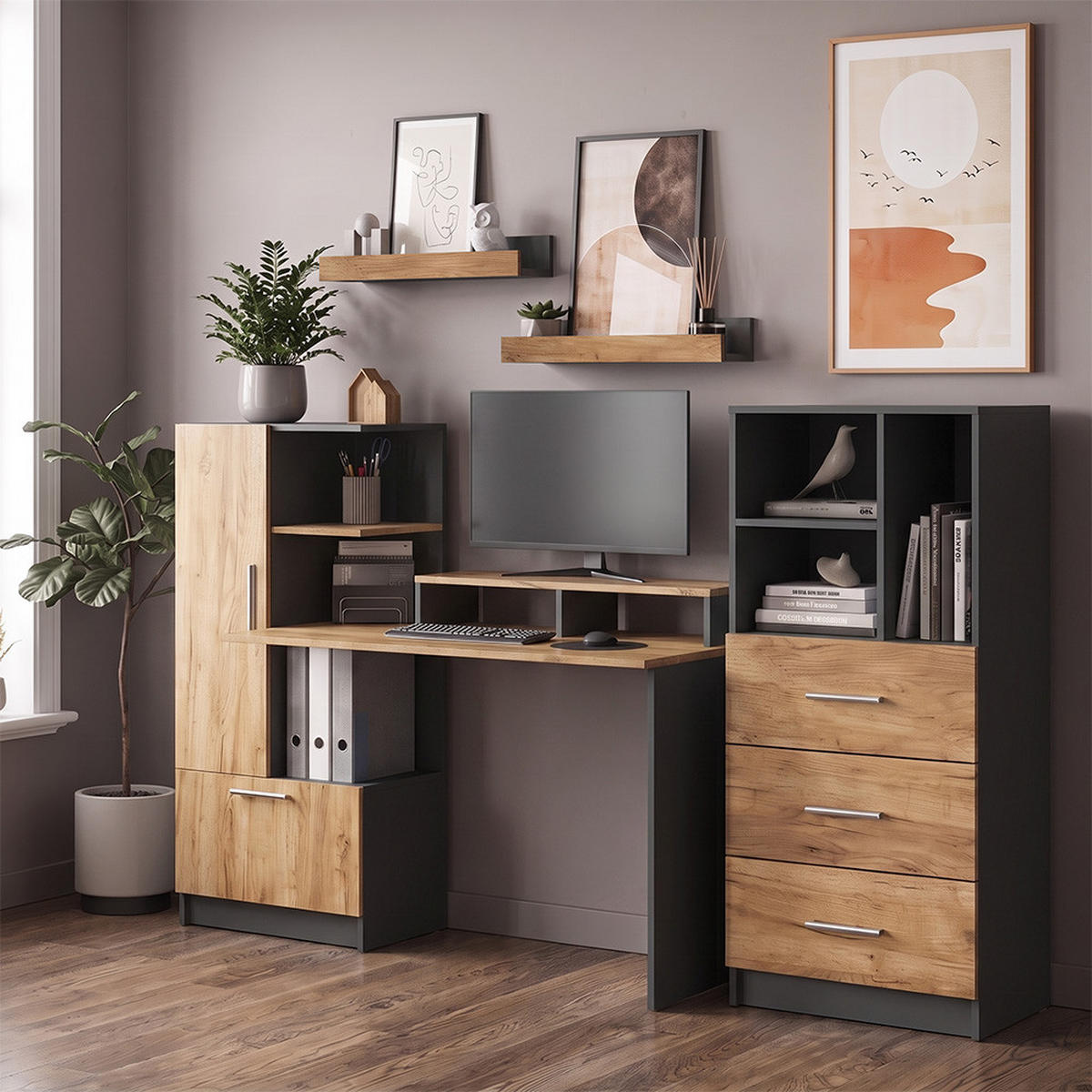 UNIVERSALSCHRANK Tomy, Anthrazit/Goldkraft Eiche, 60 x 120 cm mit 3 Schubladen - Honigeiche/Anthrazit, Holzwerkstoff (60/120/31.6cm) - Vicco