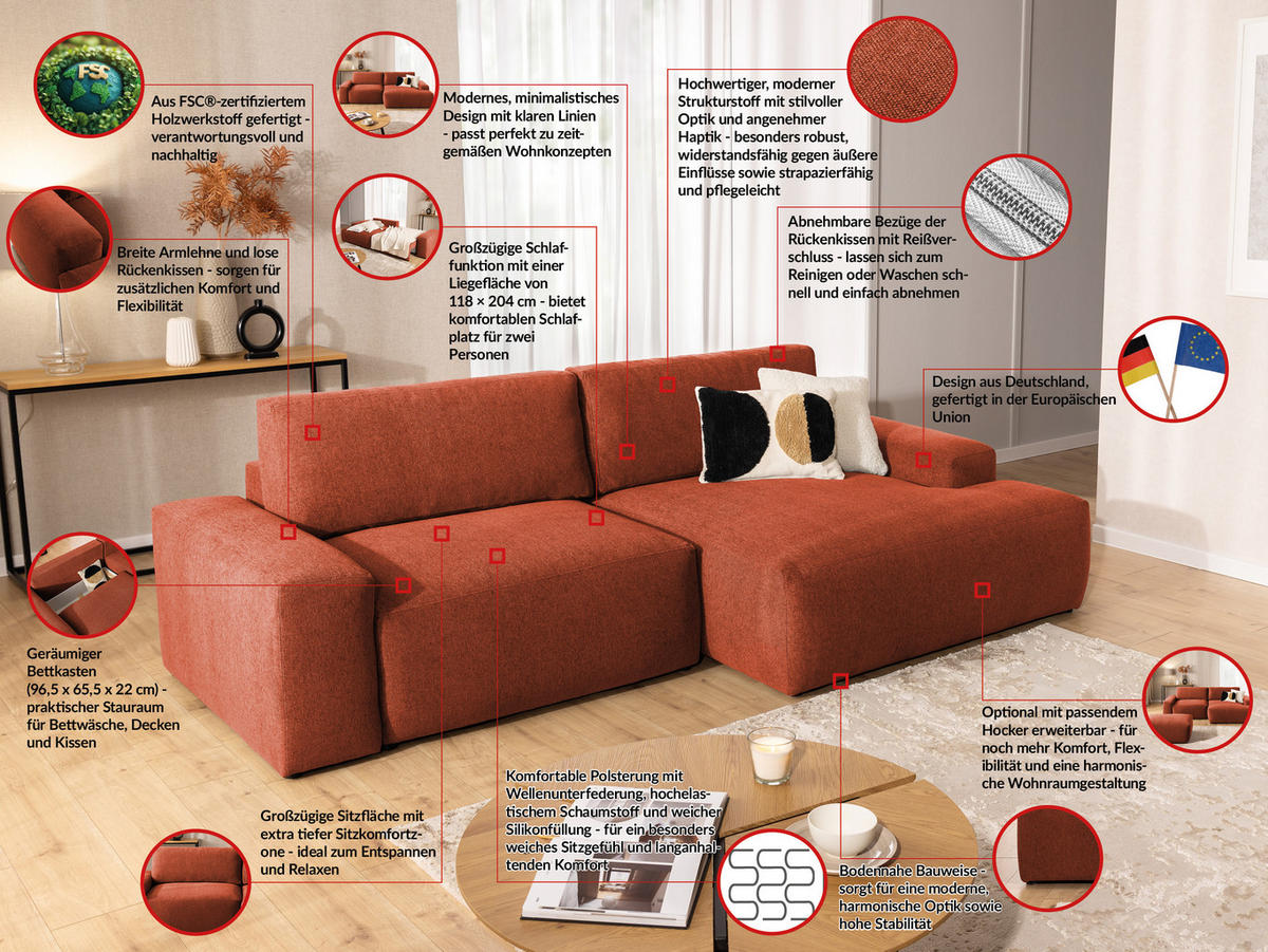 ECKSOFA inkl. Hocker Lennon aus Terrakotta Strukturstoff mit Schlaffunktion und Bettkasten - Terracotta/Schwarz, Holz/Kunststoff (264/137cm) - S-Style