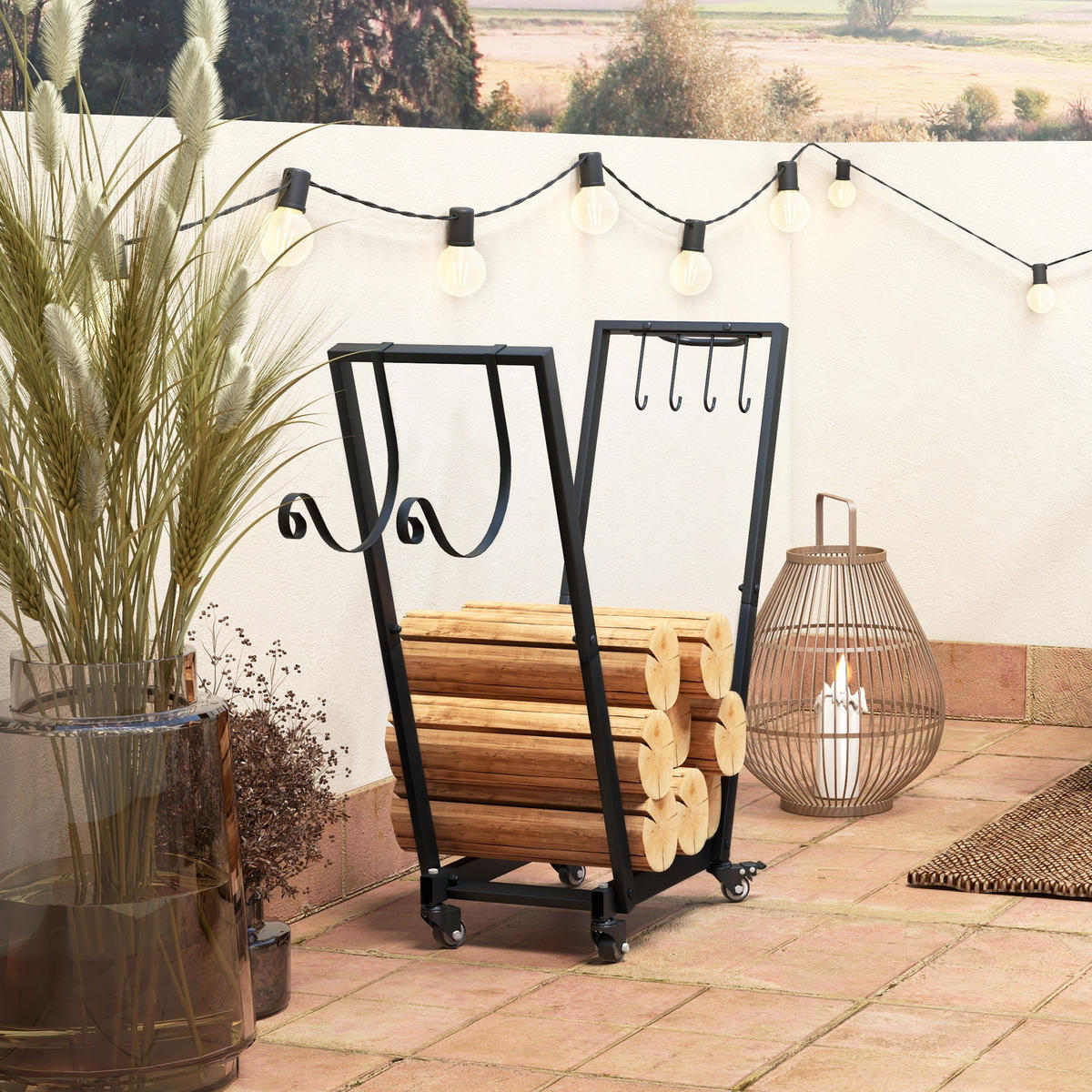 KAMINHOLZREGAL bis 50 kg - Schwarz, Metall (30/81/79cm) - Outsunny
