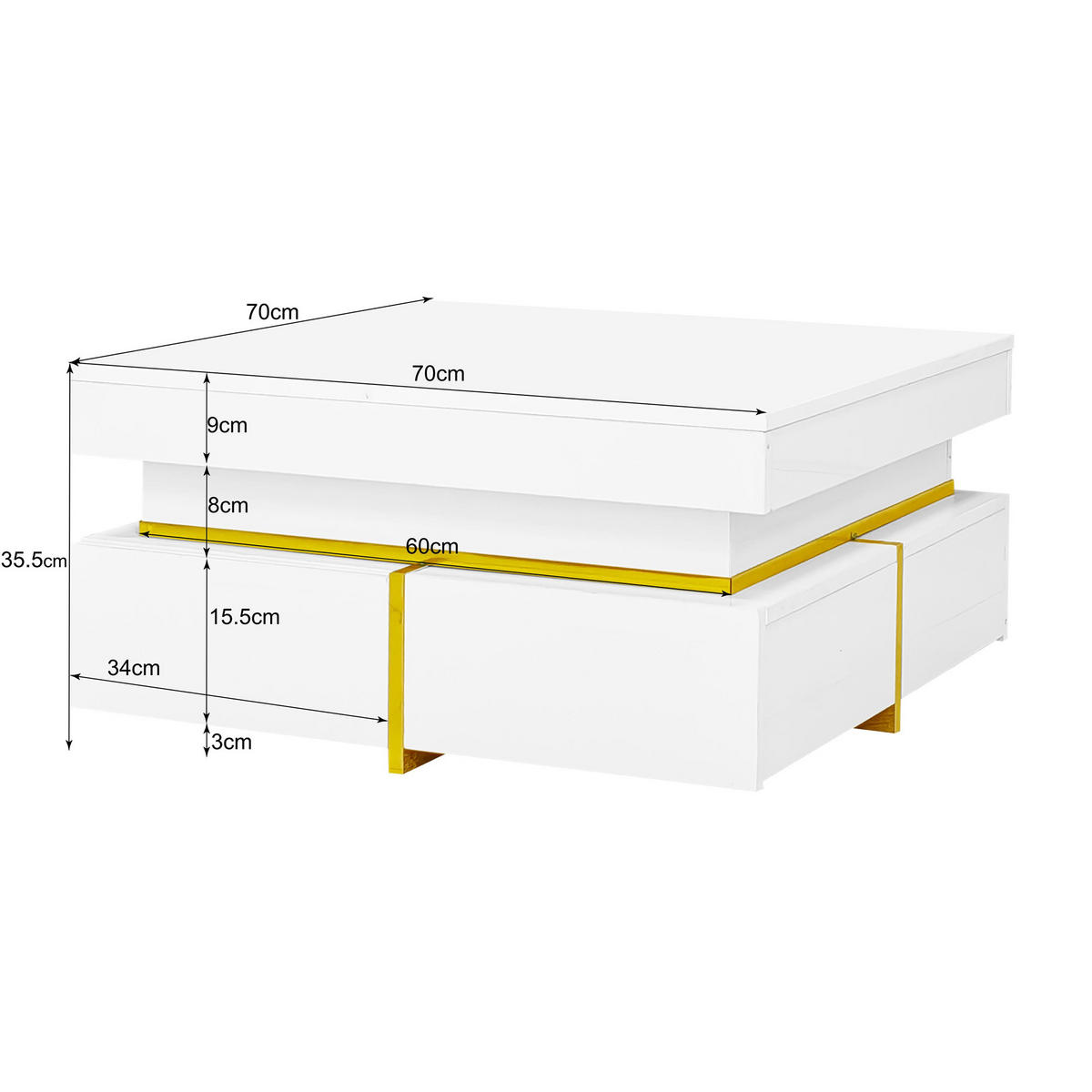 COUCHTISCH 70/35,5 cm Hochglanz mit goldenen Akzenten und 2 Schubladen - Weiß, Holzwerkstoff (70/70/35.5cm) - OKWISH